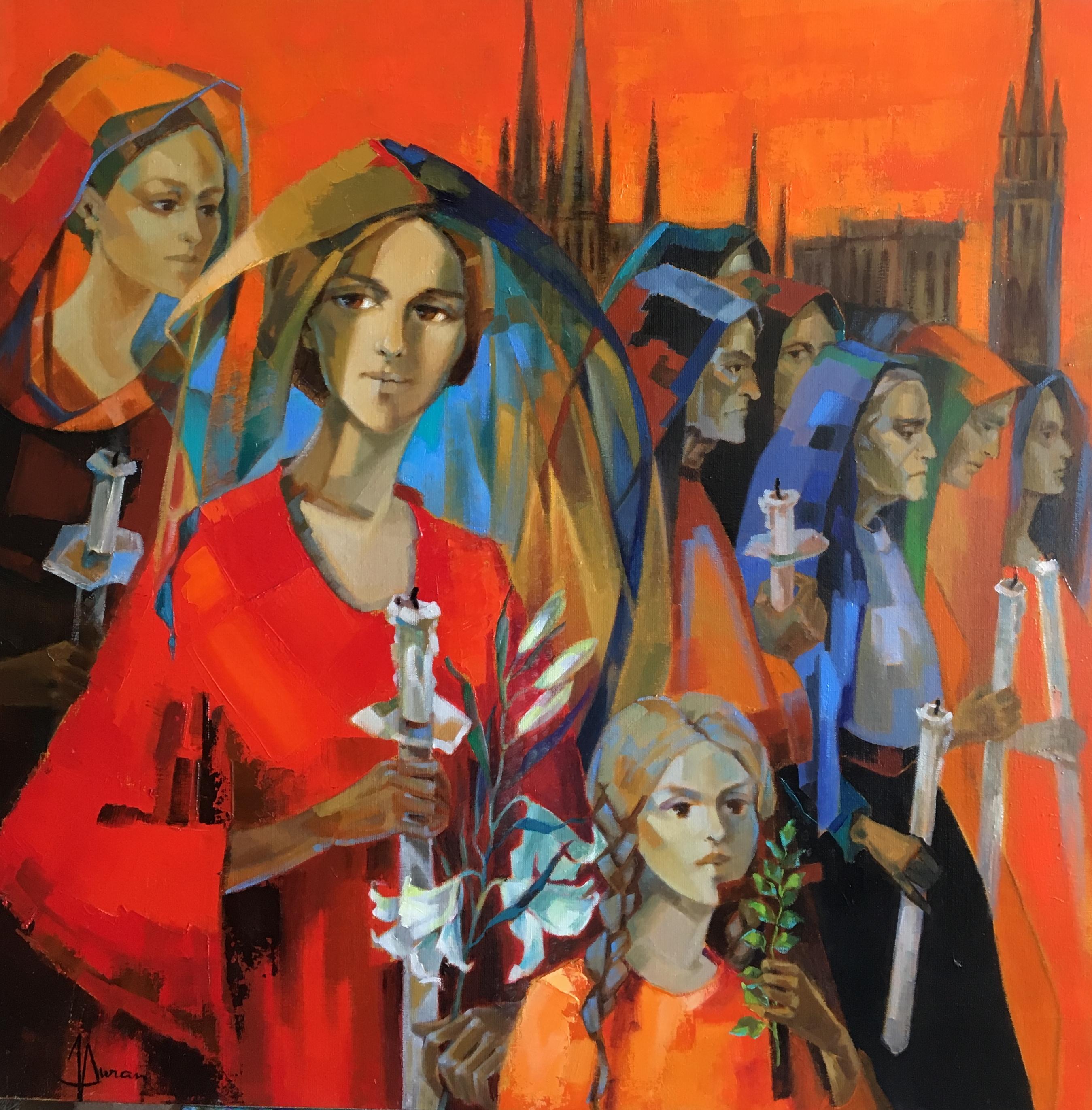Jori Duran Portrait Painting – The procession, Oil on canvas Expressionist Style Red Orange and Blue colors