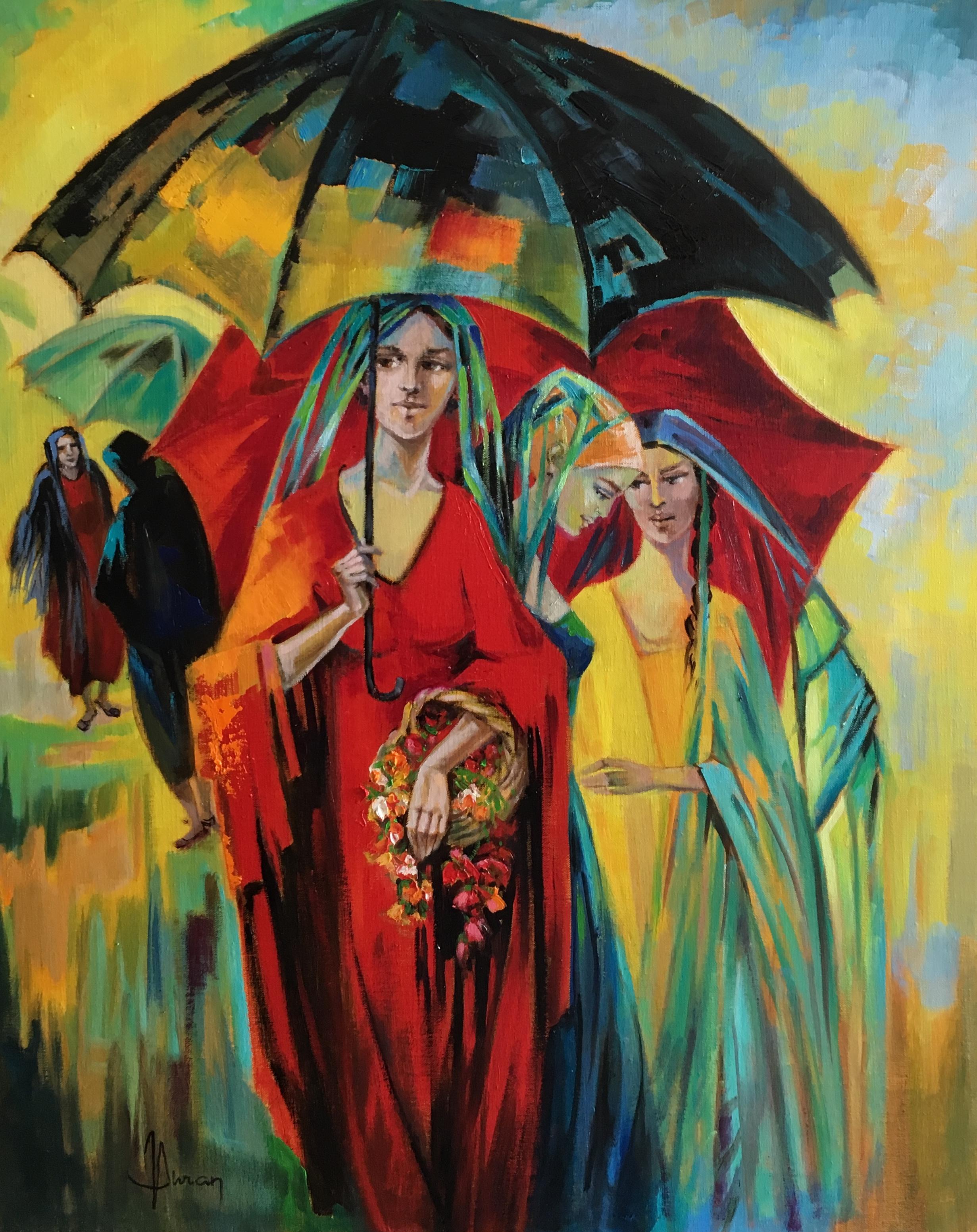 Jori Duran Figurative Painting – The umbrellas, oil on canvas, expressionist style