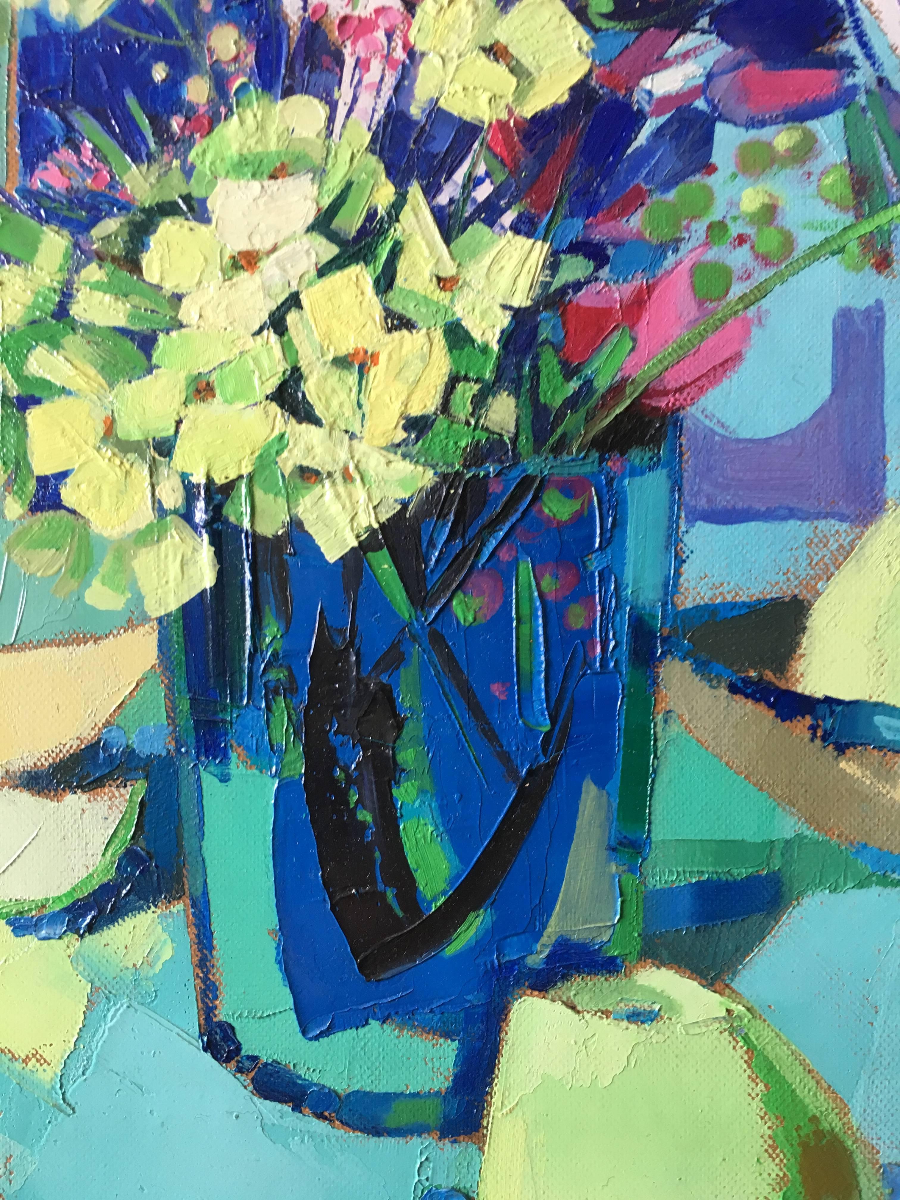 harmonie jaune et bleue, nature morte, style expressionniste - Painting de Jori Duran