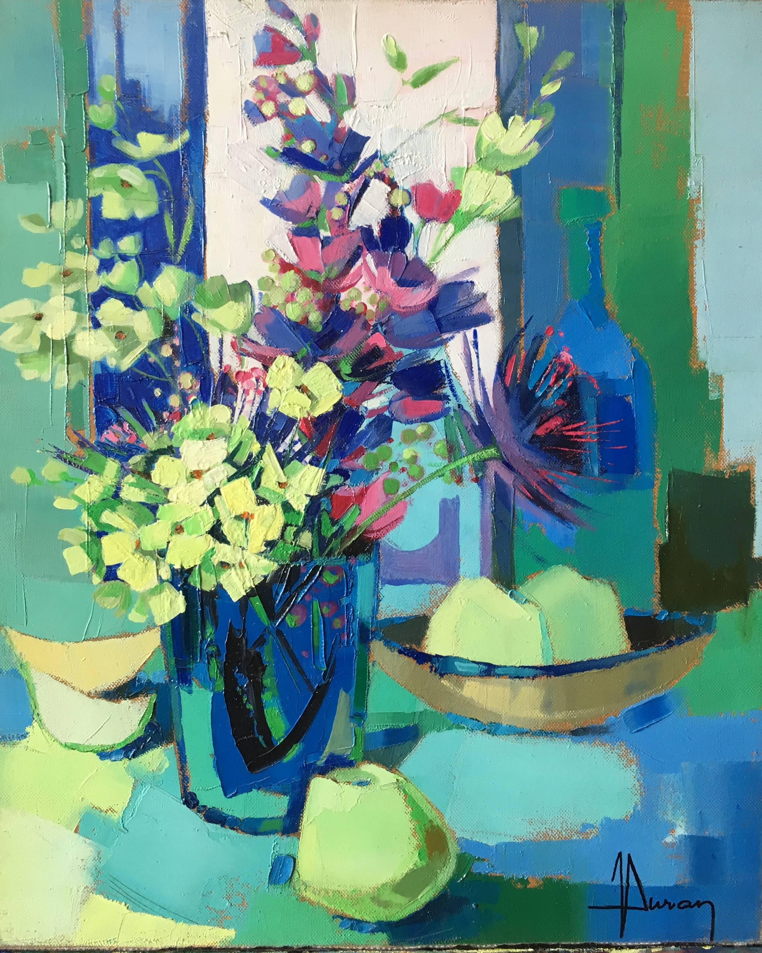 Still-Life Painting Jori Duran - harmonie jaune et bleue, nature morte, style expressionniste