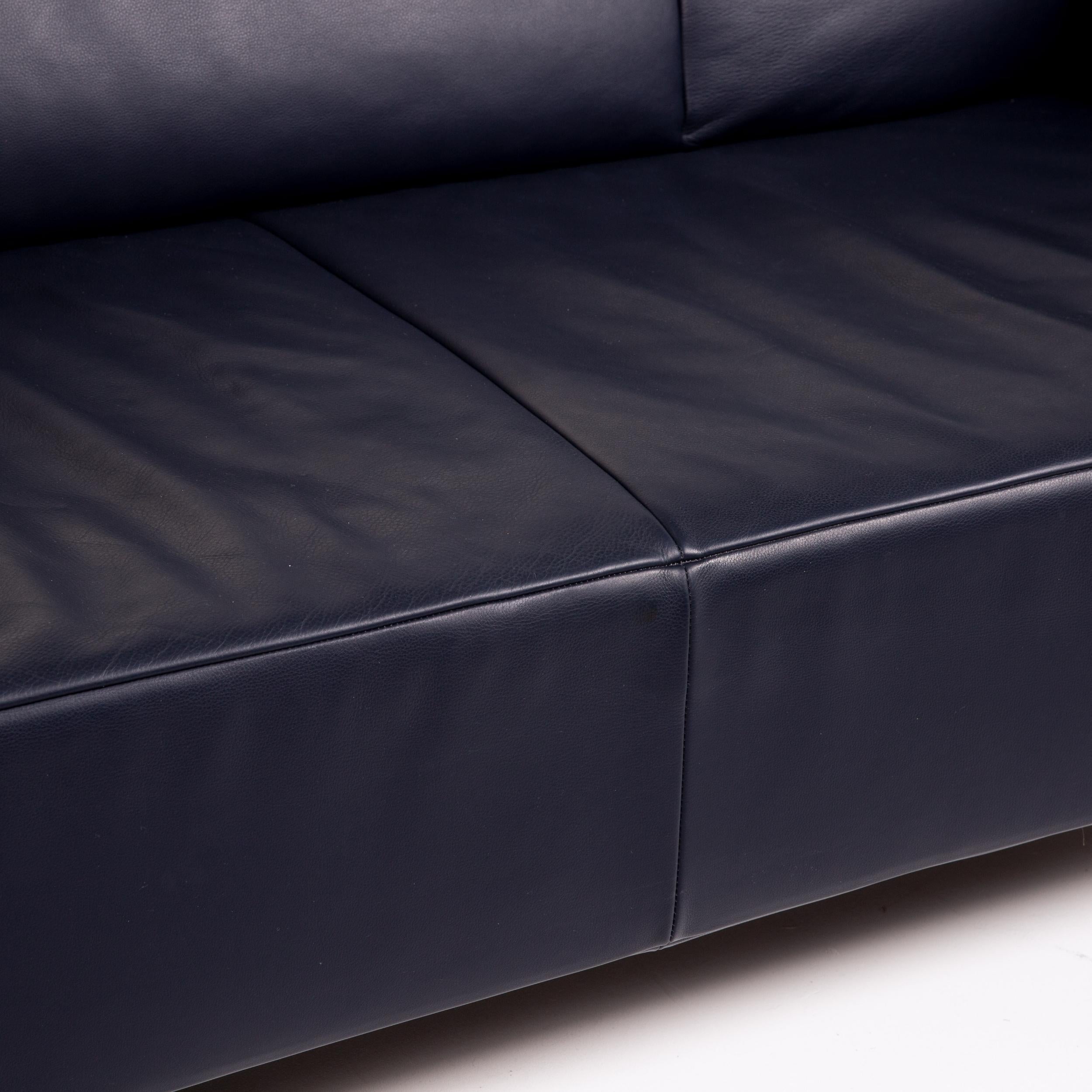 Belgian JORI Leather Sofa Dark Blue Blue Three-Seat Function Couch For Sale