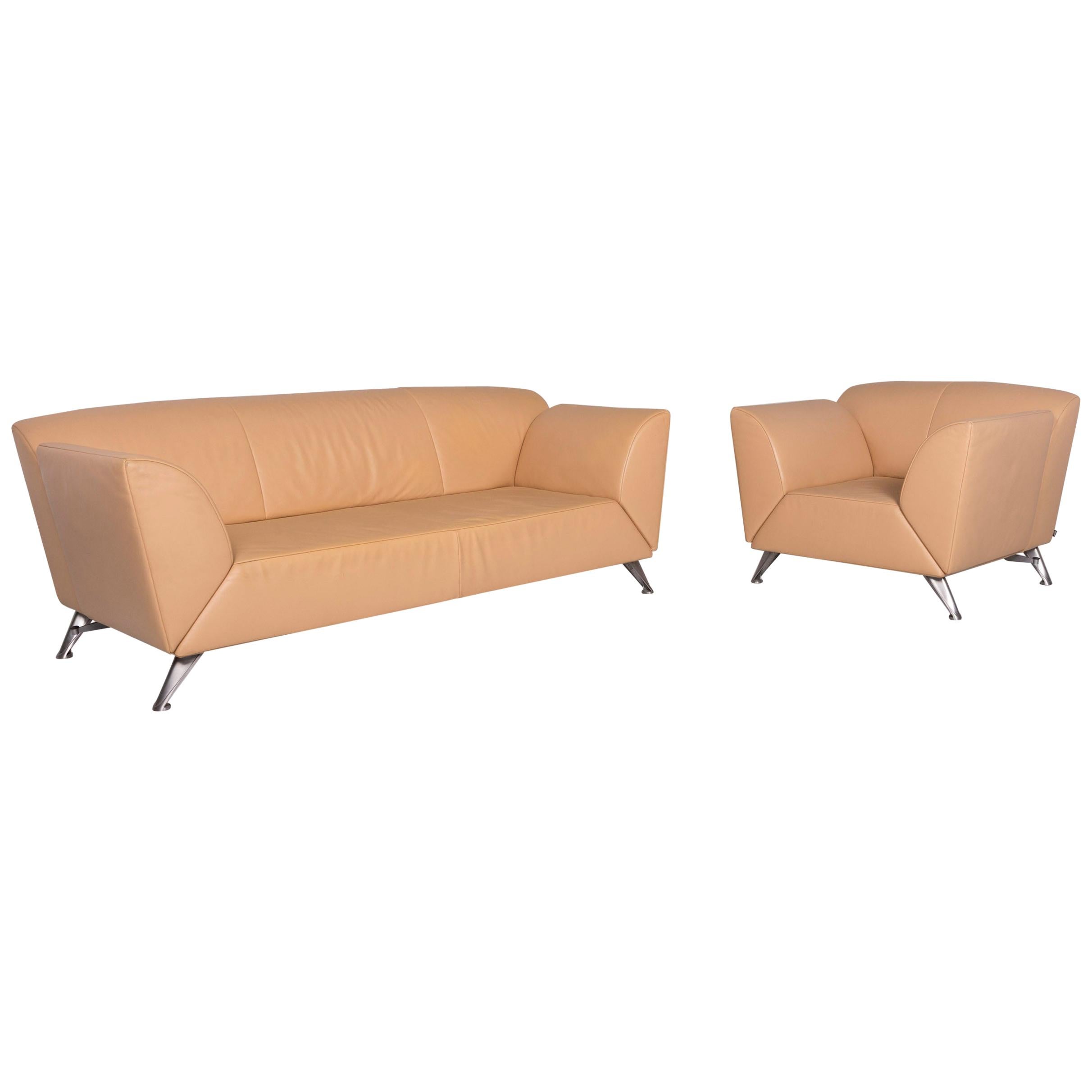 JORI Leather Sofa Set Beige Three-Seat Armchair For Sale