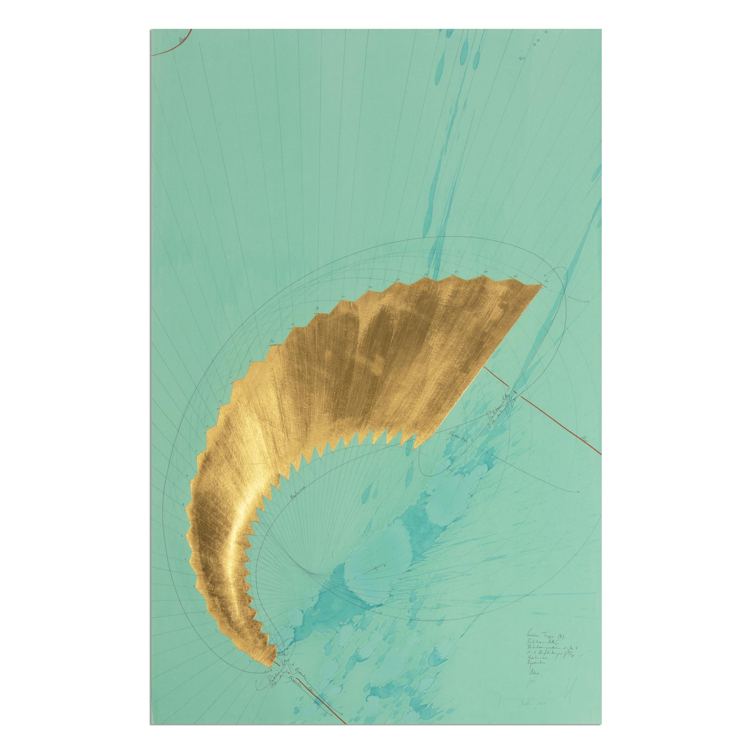 Jorinde Voigt (allemande, née en 1977)
Grüne Treppe (II), 2015
Support : Impression numérique, feuille d'or appliquée à la main, sur papier coton 320g
Dimensions : 80 x 51,8 cm : 80 x 51,8 cm
Édition de 35 exemplaires : signés à la main, numérotés
