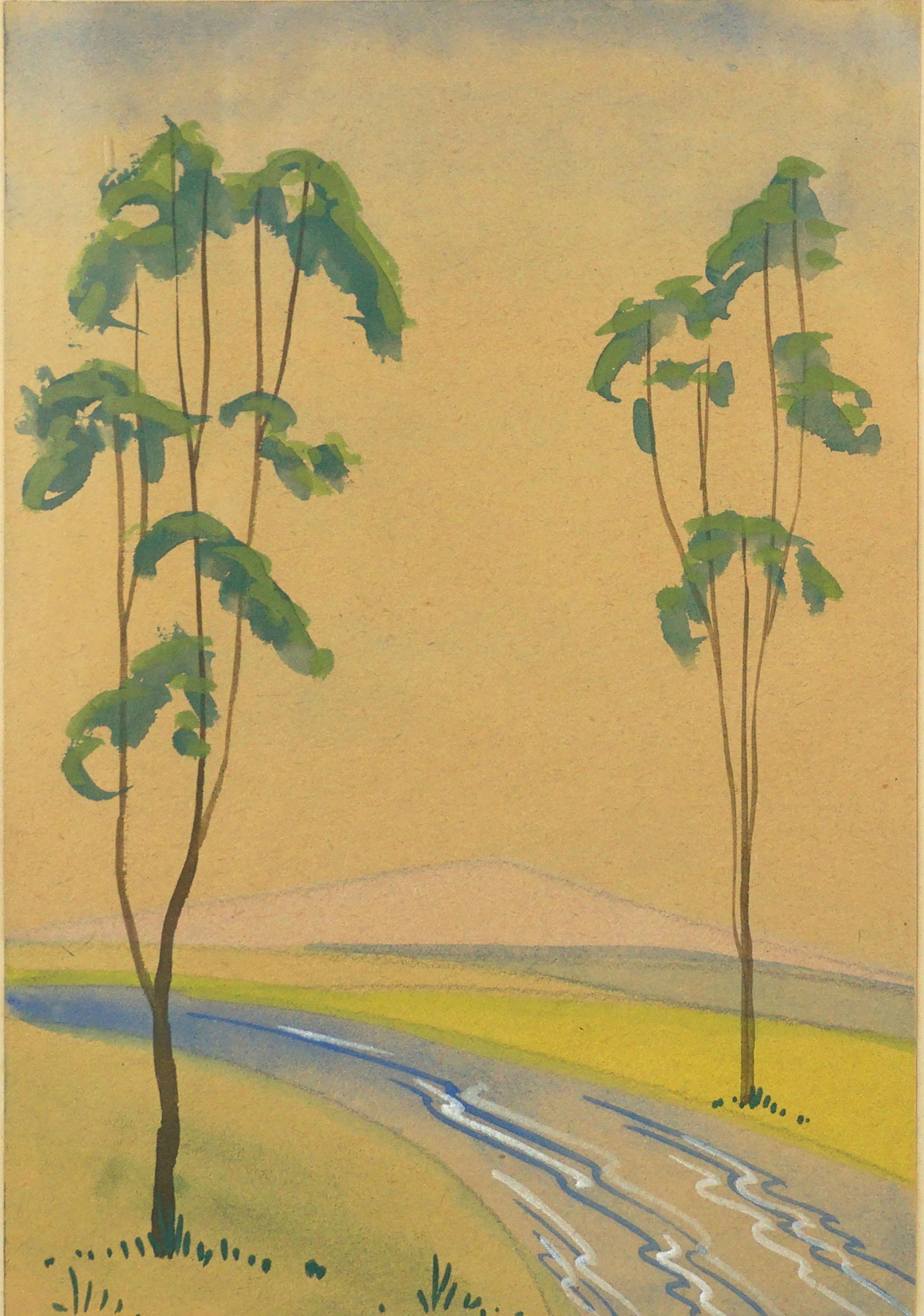 Early 20th Century Watercolor --  Eucalyptus Trees and Stream  - Painting by Joris Dahl