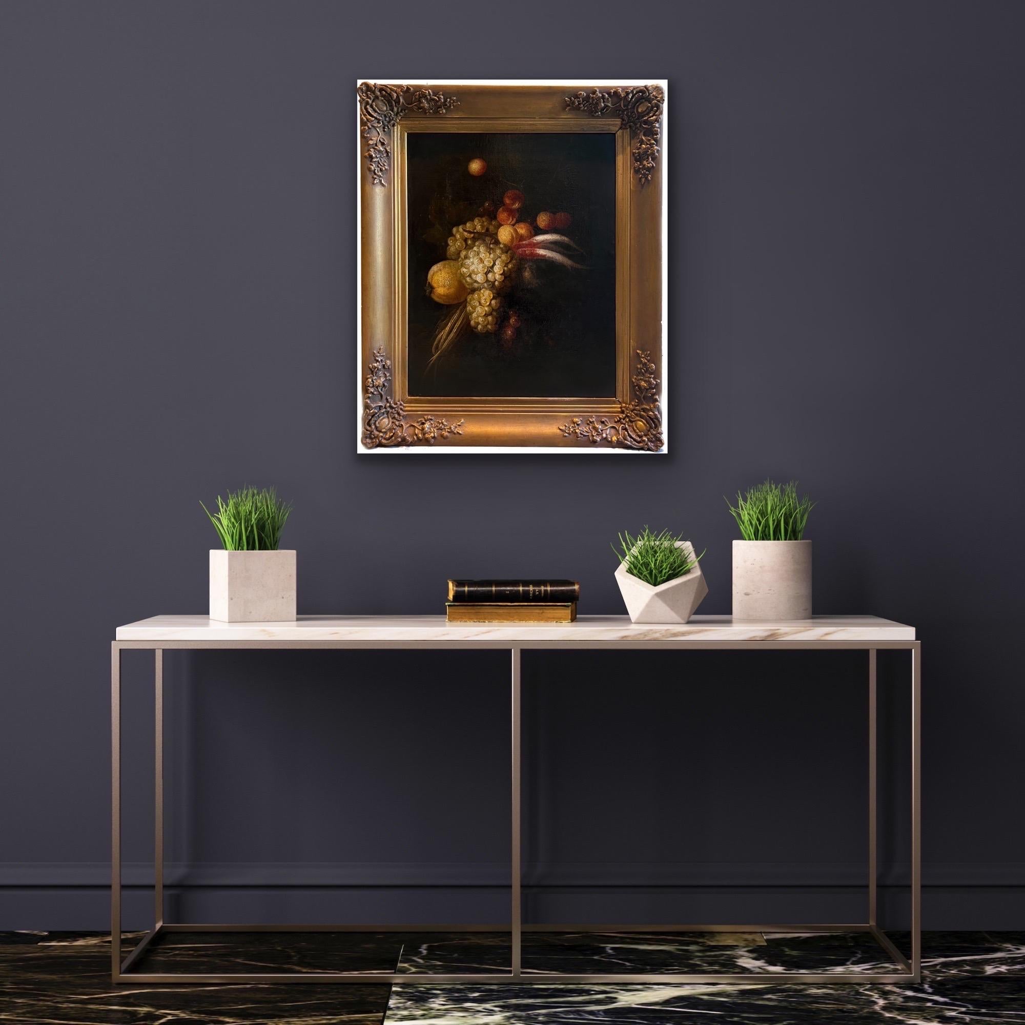 17th century Still-life Opulent display of grapes, prunes and a lemon - Painting by Frans Van Everbroeck (antwerp, 1628 - London 1693)