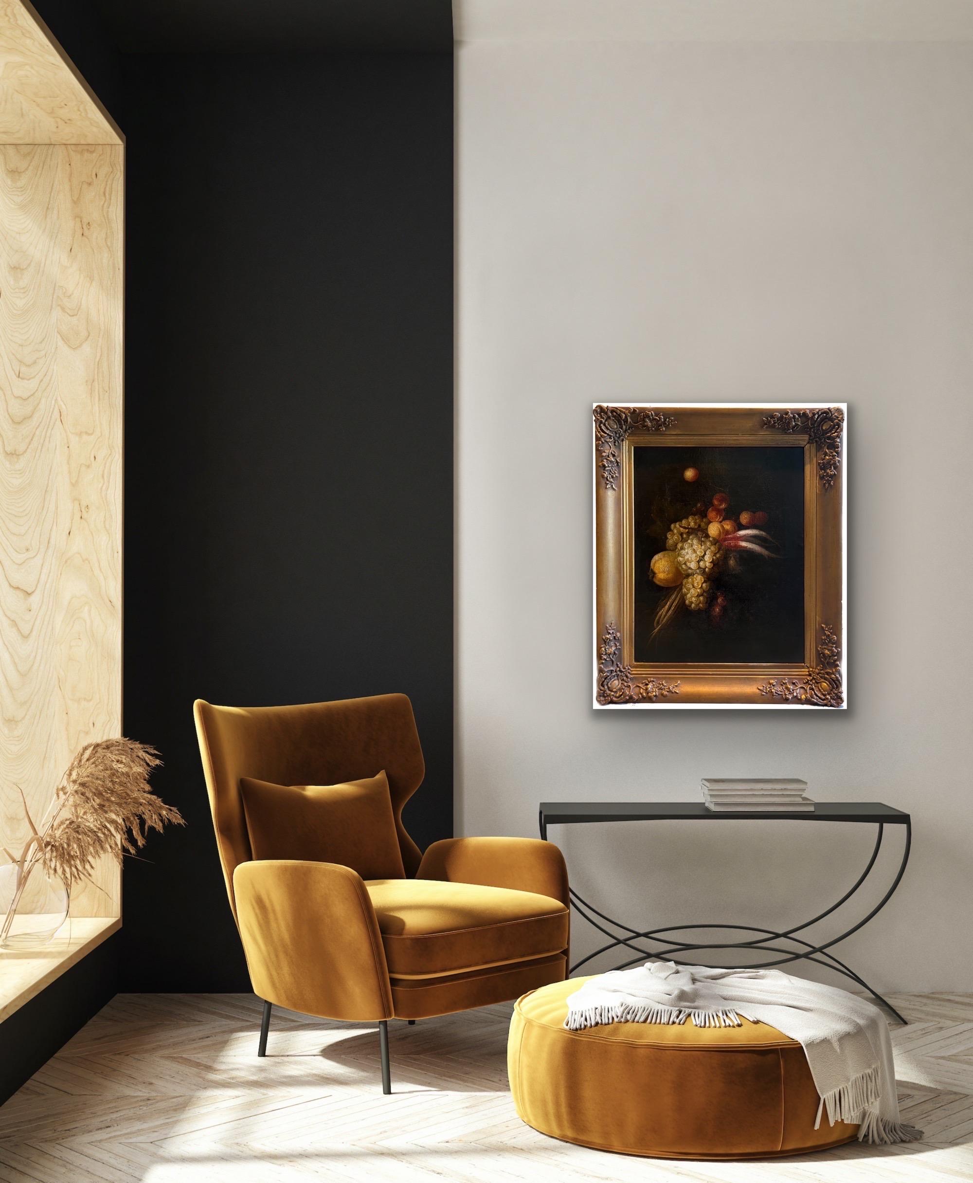 17th century Old Master still-life painting depicting an opulent bunch of grapes, surrounded by other fruits including prunes, long radishes and a lemon

Created more than 300 years ago, almost like a photograph from a glorious past, the artist very