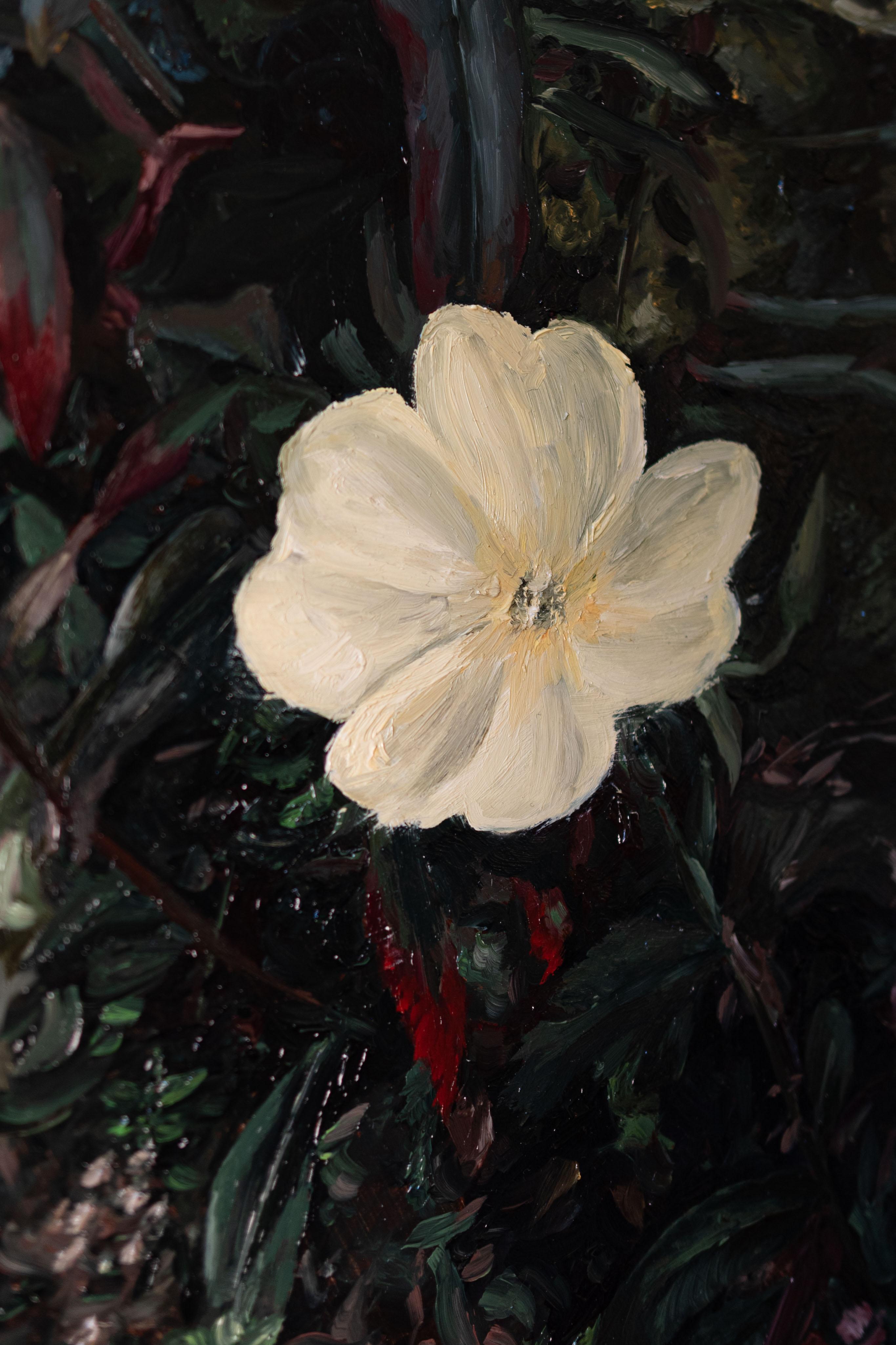Quadro ad olio su tela raffigurante una primula bianca - Painting di Joris Vanpoucke