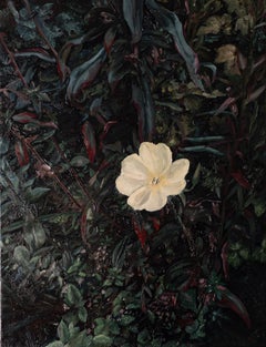 Quadro ad olio su tela raffigurante una primula bianca