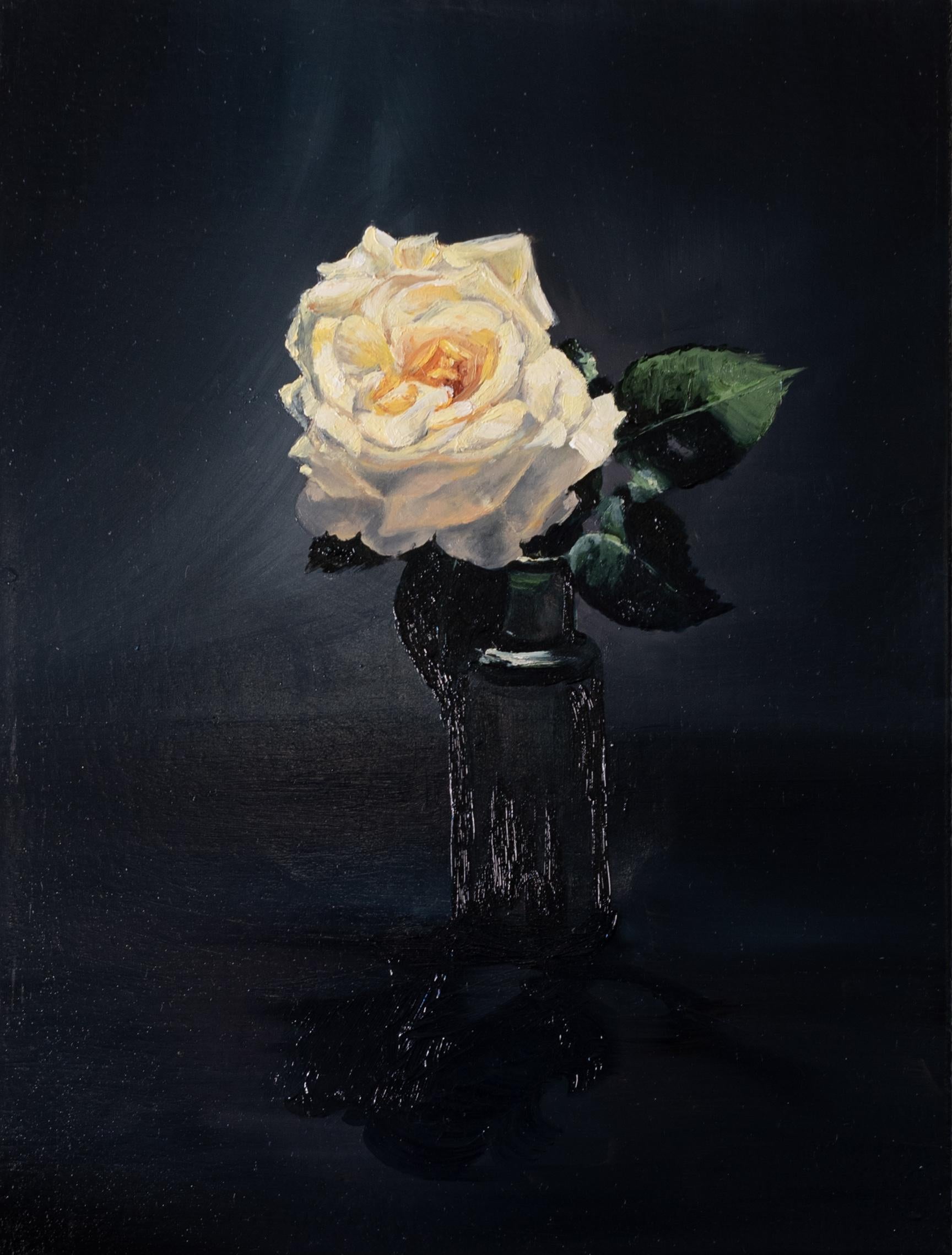 Pintura al óleo sobre lienzo de una rosa blanca en un jarrón, llamada 