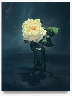 Oil on canvas painting of a white rose in a vase, called 'Still life'