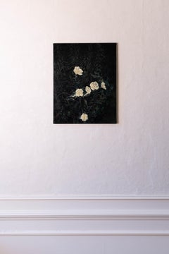 Oil on canvas painting of white primroses on a green background