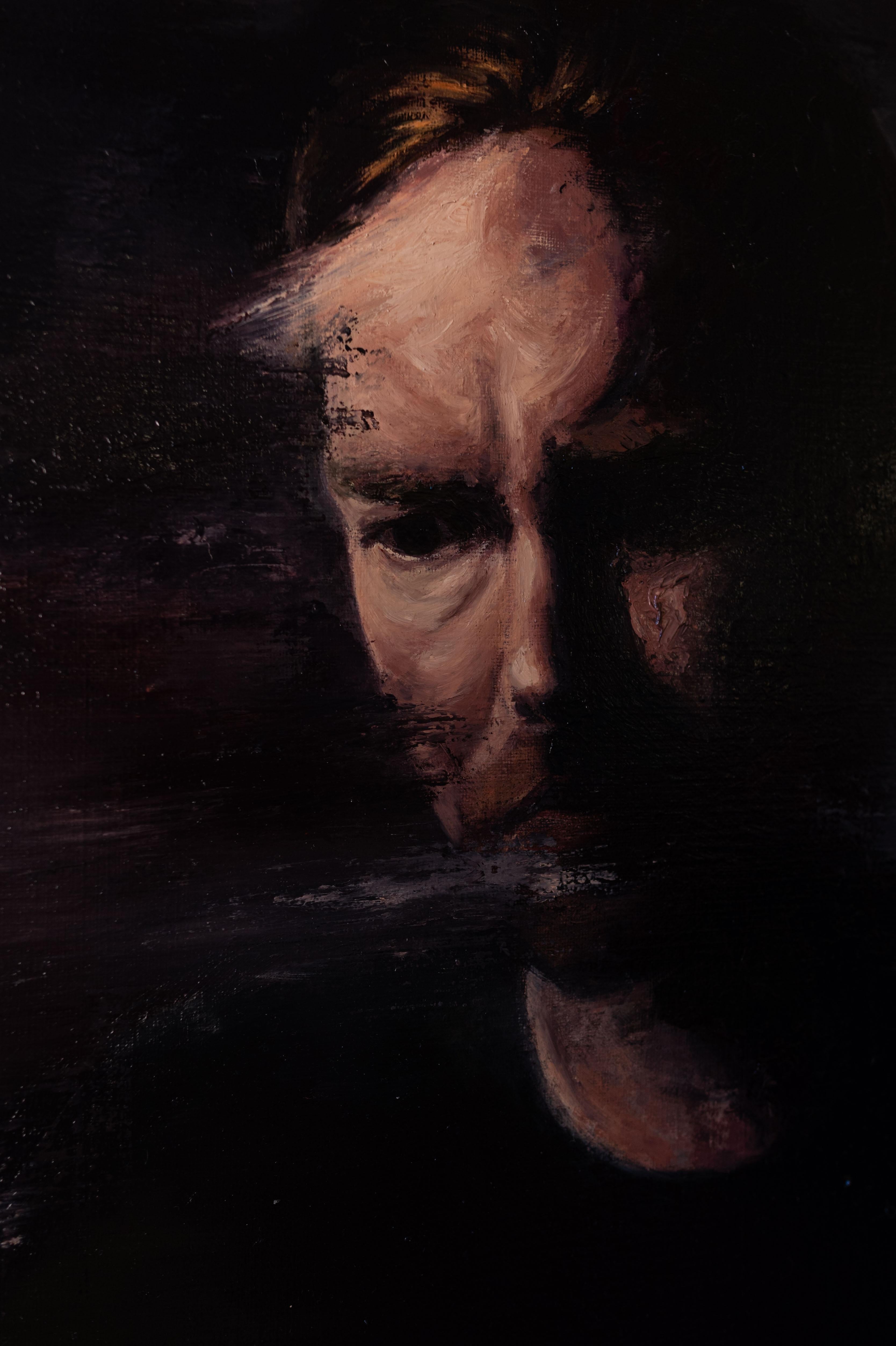 Oil on canvas painting - Study for a self-portrait - Black Portrait Painting by Joris Vanpoucke