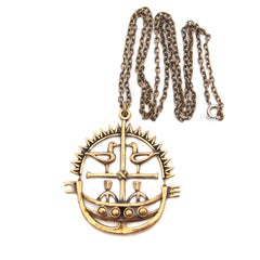 Jorma Laine Bronze Viking Boat Birds Pendant Necklace