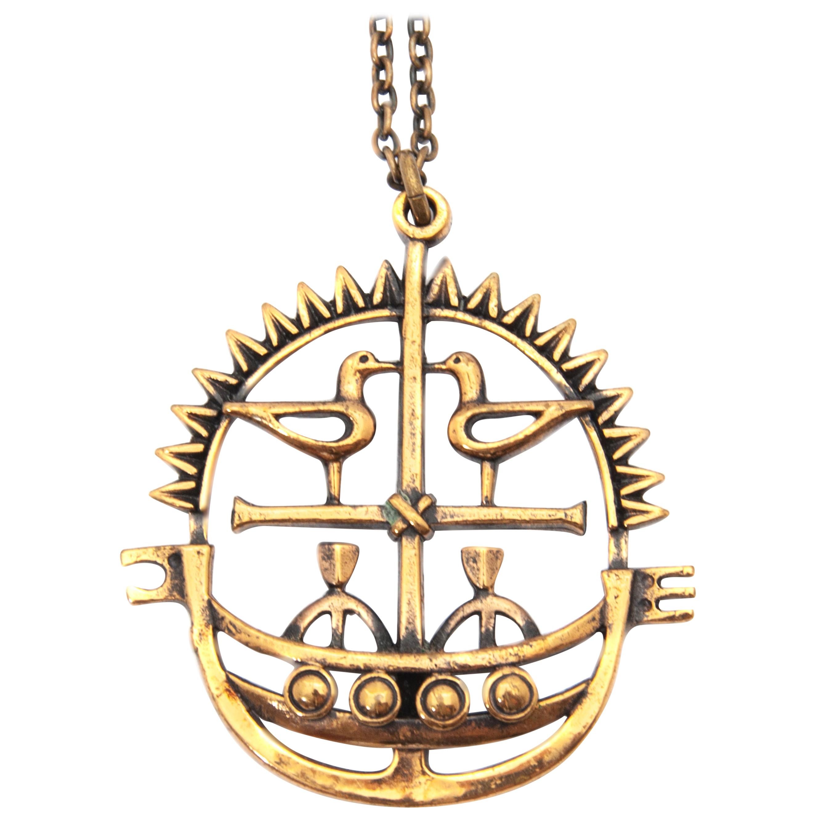 Jorma Laine Bronze Viking Boat Birds Pendant Necklace