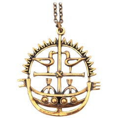 Jorma Laine Bronze Viking Boat Birds Pendant Necklace