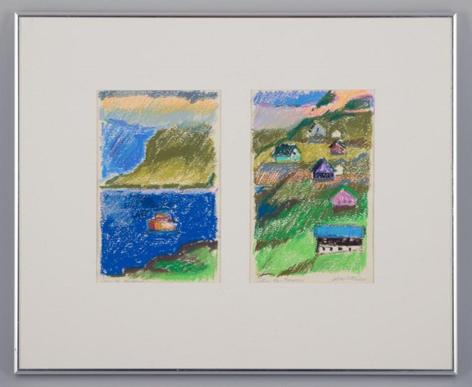 Jörn Stender, Danish artist. Pastel on paper.
Two country scenes with houses from the Faroe Islands.
June 1996.
Signed and dated in pencil.
Perfect condition.
Dimensions for each: 19.5 cm x 12.5 cm.
Total dimensions: Width 44.5 cm x Height 36.5 cm.
