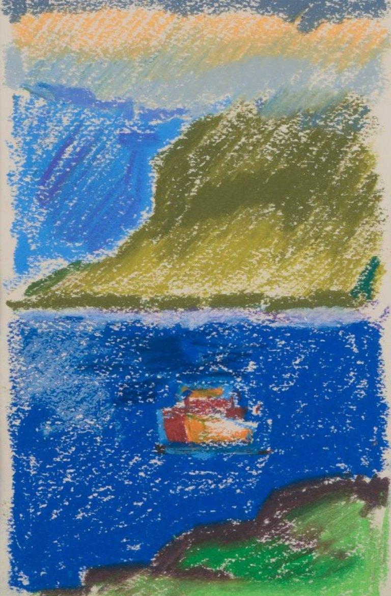 Modern Jörn Stender, Danish artist. Pastel on paper. Two country scenes with houses For Sale