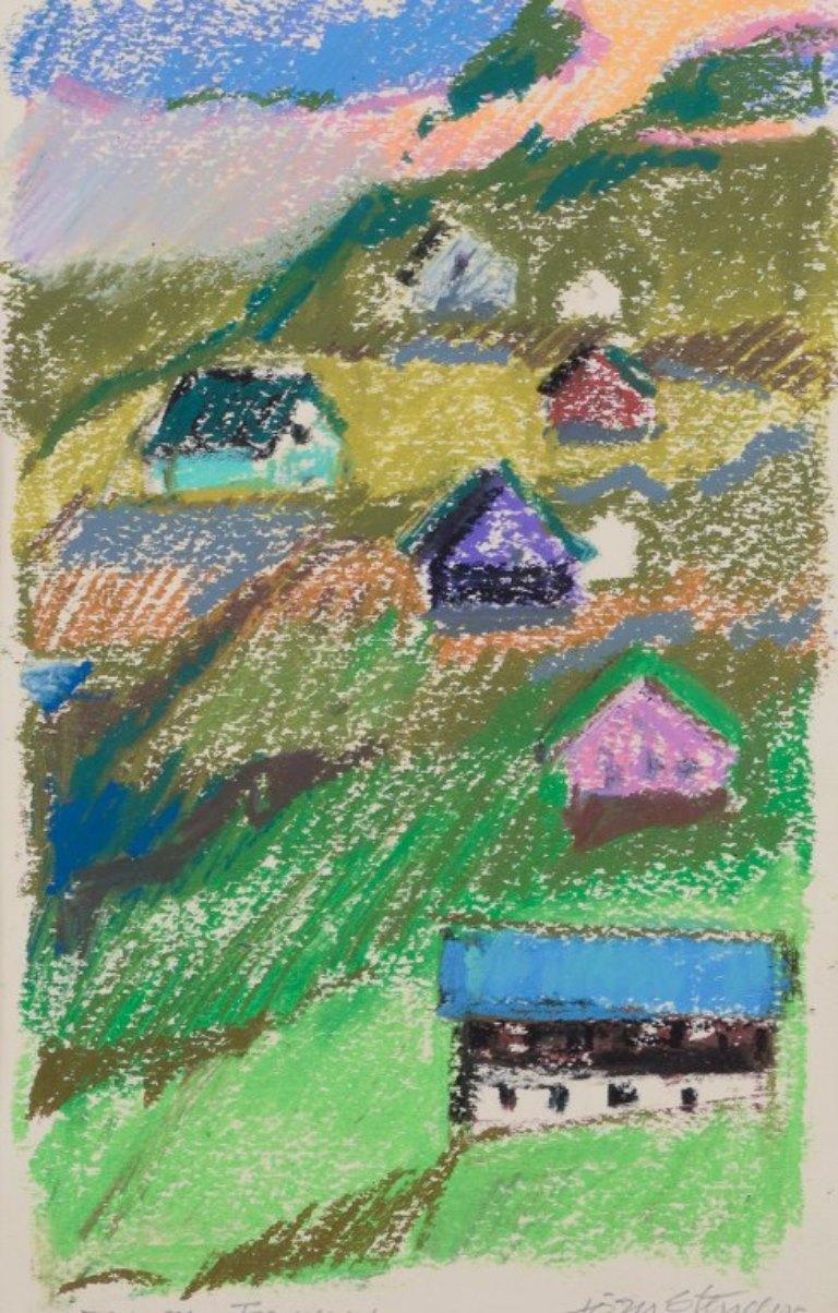 Jörn Stender, Danish artist. Pastel on paper. Two country scenes with houses In Excellent Condition For Sale In Copenhagen, DK