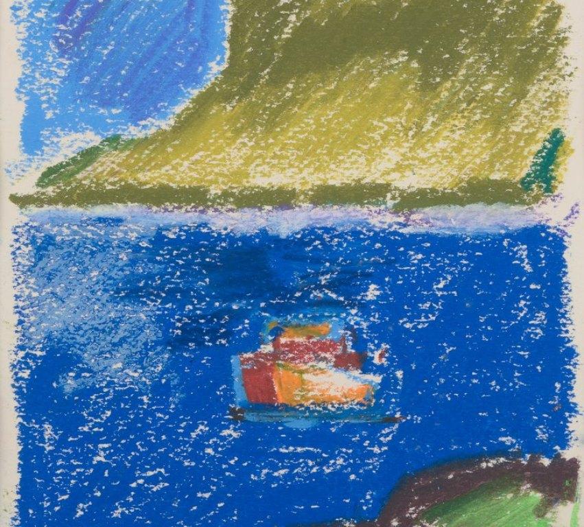 Late 20th Century Jörn Stender, Danish artist. Pastel on paper. Two country scenes with houses For Sale