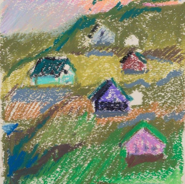 Jörn Stender, Danish artist. Pastel on paper. Two country scenes with houses For Sale 1