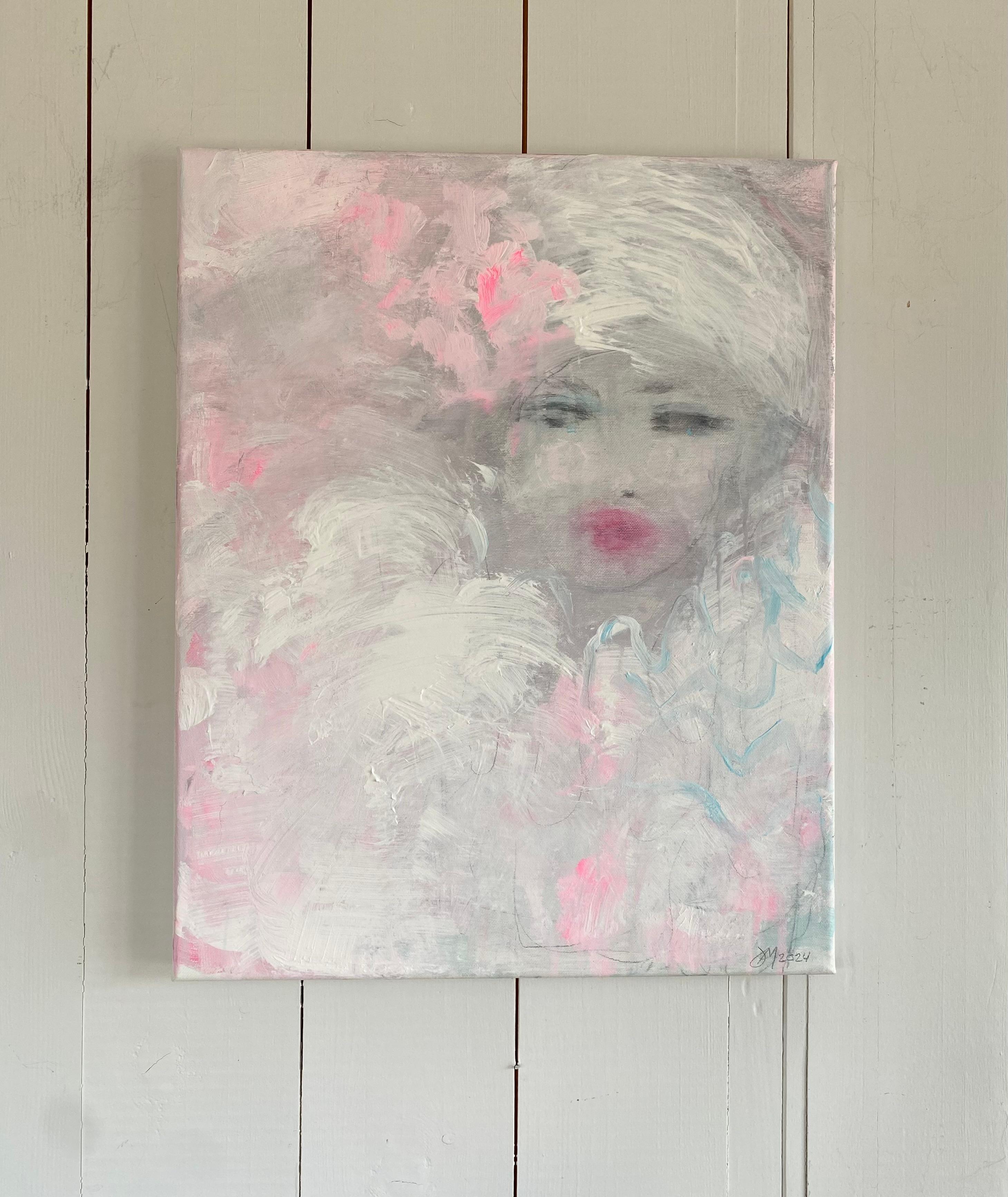 Acrylic painting on linen canvas. Inspired by the Circus.

The painting shows a blurred portrait of a female. Pastel blues, greys, pinks and white fill the composition with an ethereal blend of colour. The woman's lips pop with a more vibrant