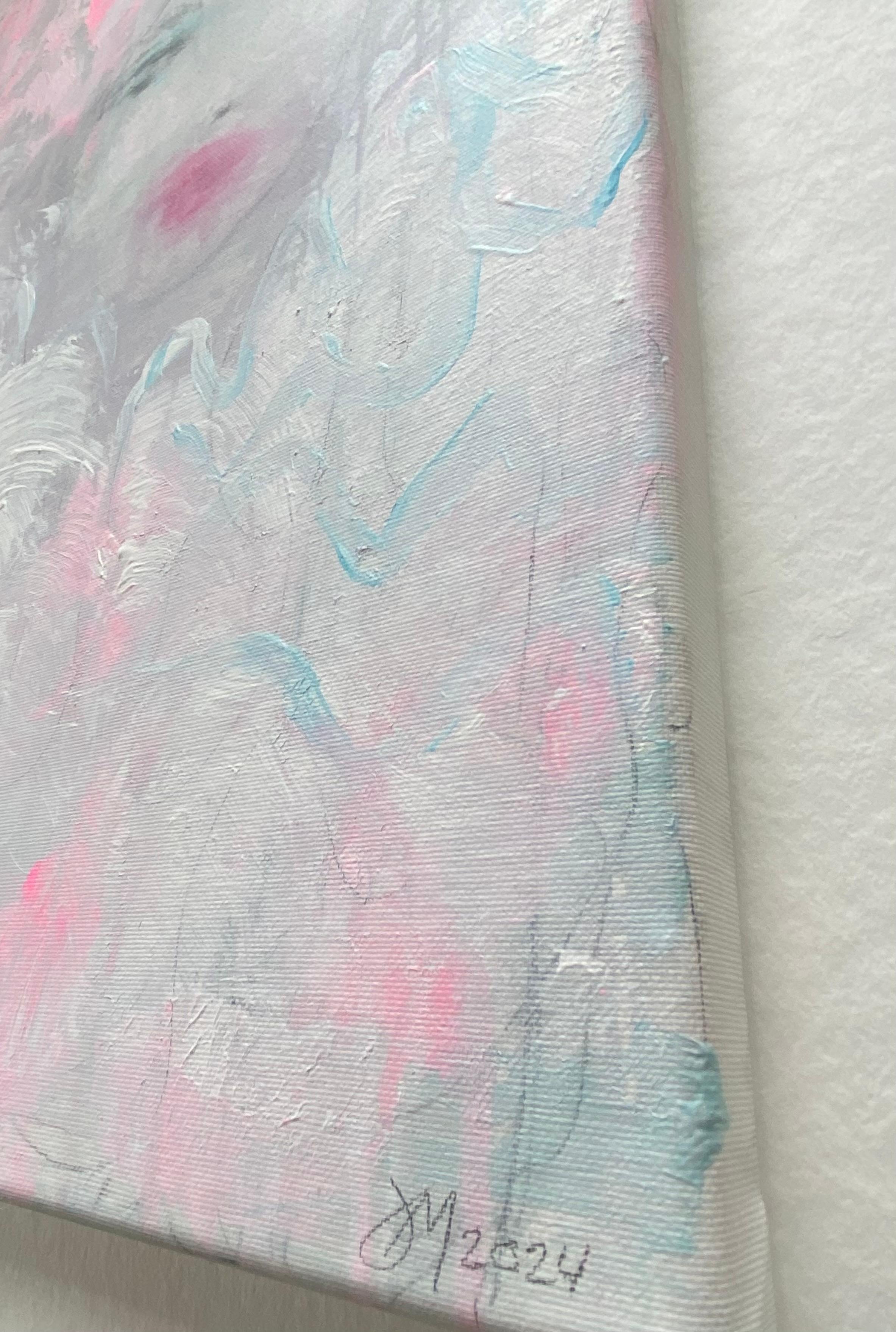 Acrylgemälde auf Leinenleinwand. Inspiriert durch den Zirkus.

Das Gemälde zeigt ein verschwommenes Porträt einer Frau. Pastellblaue, graue, rosafarbene und weiße Töne füllen die Komposition mit einer ätherischen Mischung aus Farben. Die Lippen der