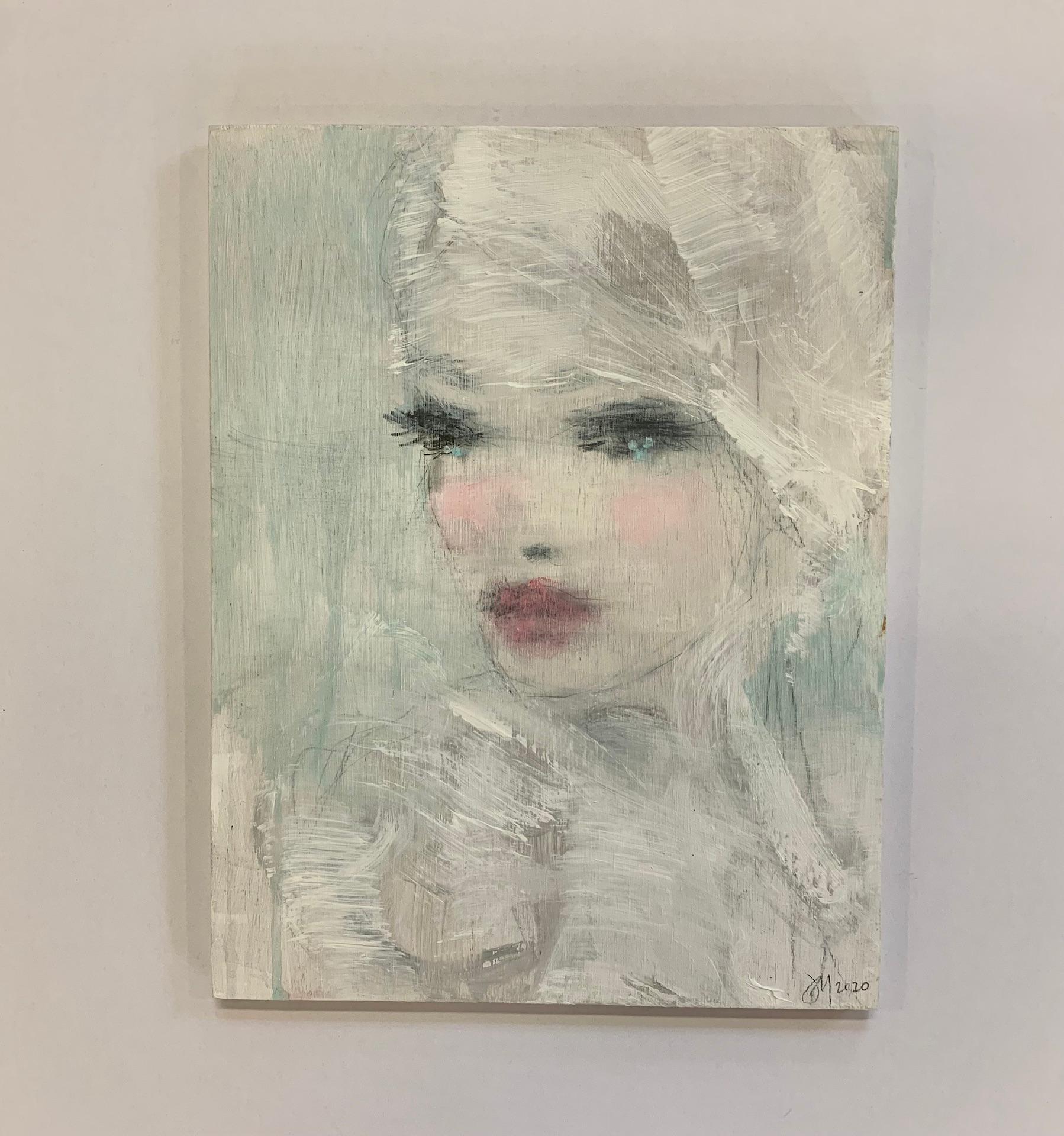 Lilac Eve and Vintage green Diptych - Gray Portrait Painting by Jorunn Mulen