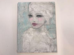 "Pastel Blue", Wood, Original Figurative Portrait Painting, Affordable