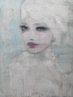 "Pastel Blue", Bois, peinture de portrait figurative originale, abordable