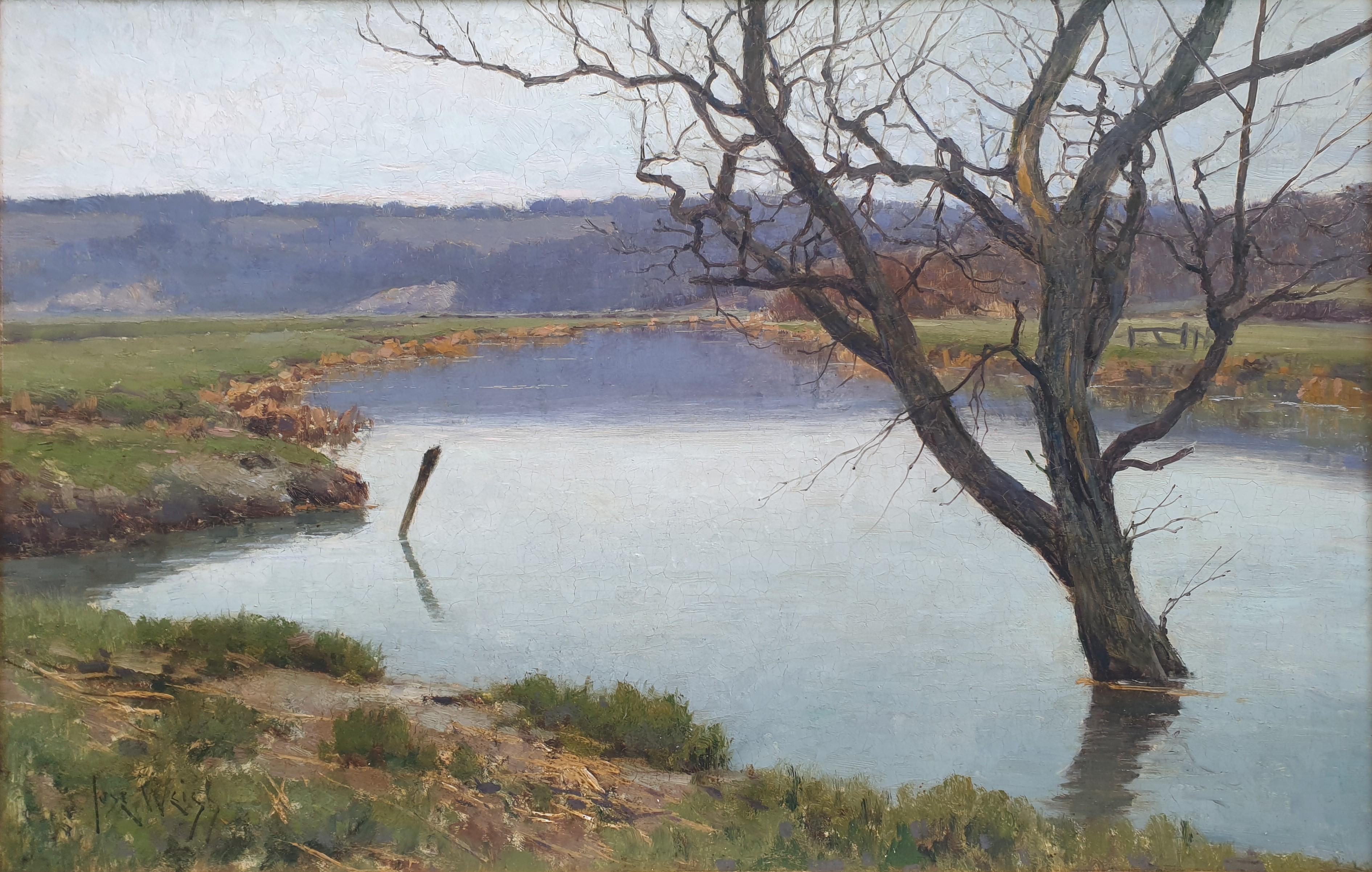 Landscape Painting de José Weiss - WEISS Pintura británica Paisaje Sussex río inundado árbol XIX