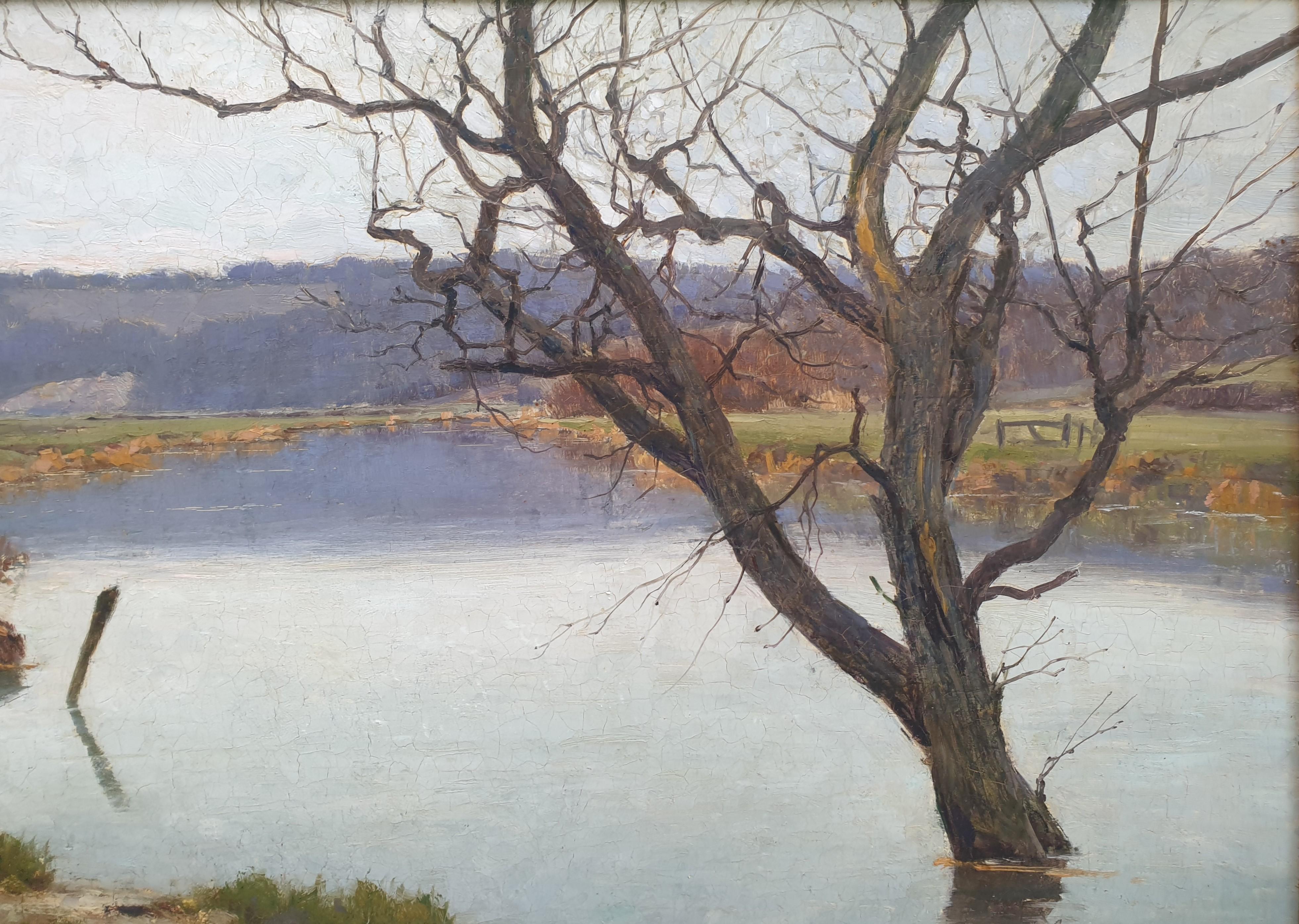 WEISS Pintura británica Paisaje Sussex río inundado árbol XIX - Landscape Painting Gris de José Weiss