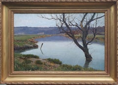 Antique WEISS British painting Landscape Sussex flooded river tree 19th