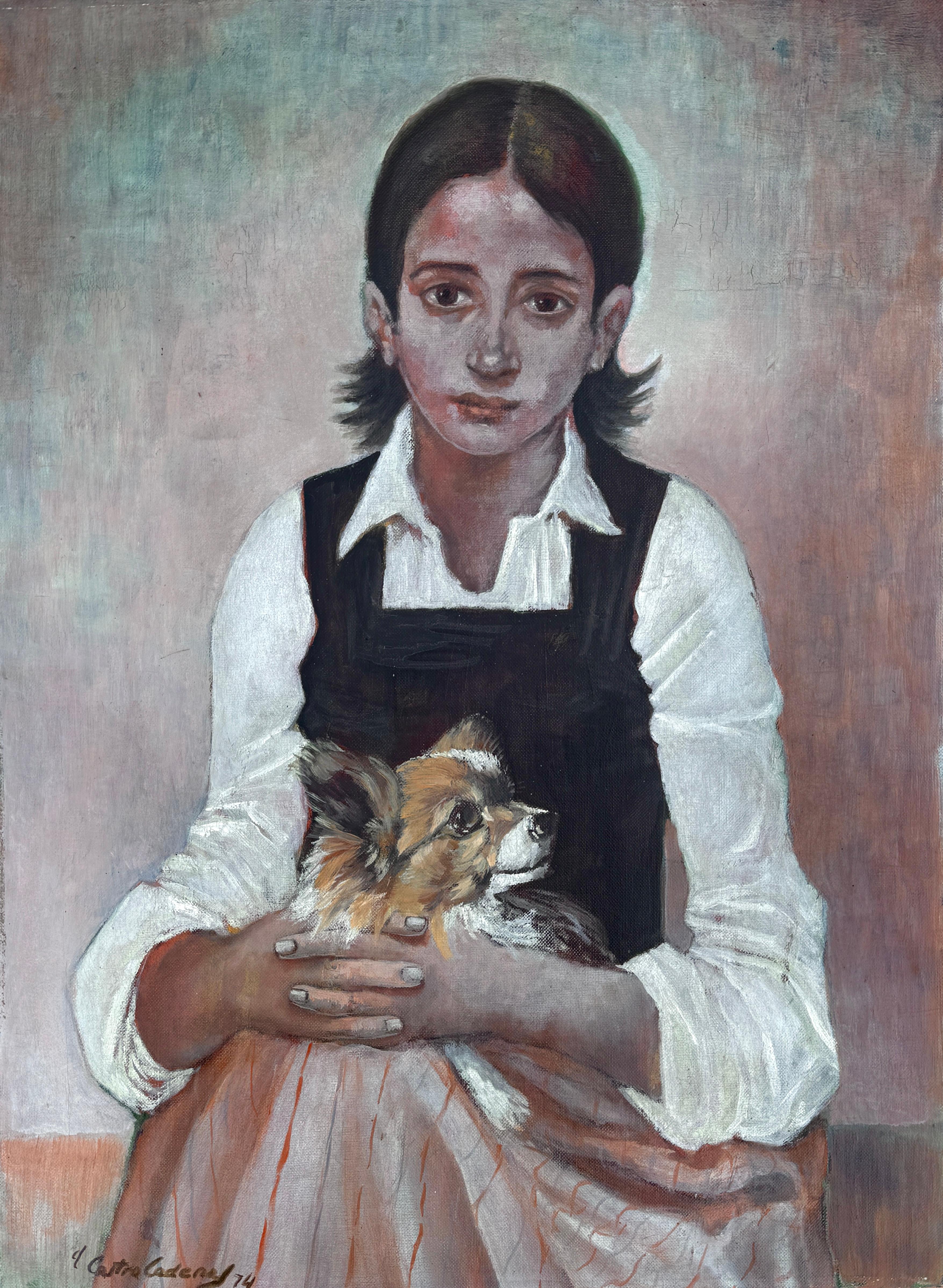 Ritratto psicologico di ragazza con cane Pittura su tela figurativa spagnola