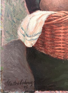 Spanish Rural Woman with Basket Harvest Landscape Figurative Oil 1976 Andalusian