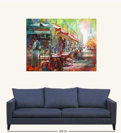 French Cafe - Landscape Painting by Jos Coufreur, Acrylic Paint, 21st Century