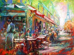 French Cafe - Landscape Painting by Jos Coufreur, Acrylic Paint, 21st Century