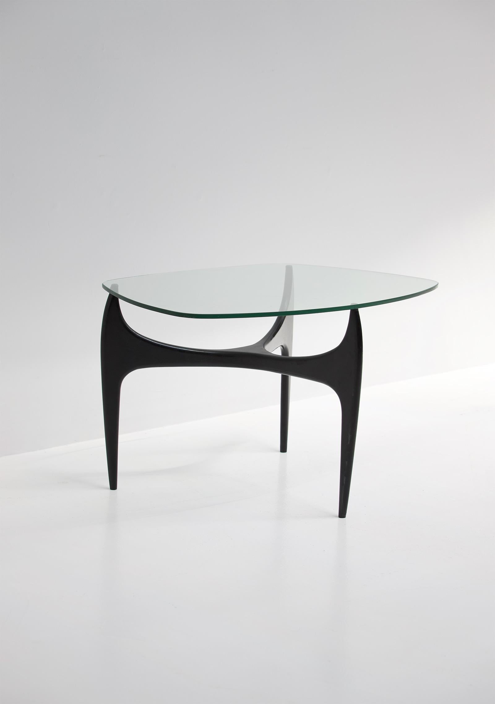 Jos De Mey for Luxus Coffee Table with Black Lacquered Wood & Glass Top In Good Condition For Sale In Antwerpen, Antwerp