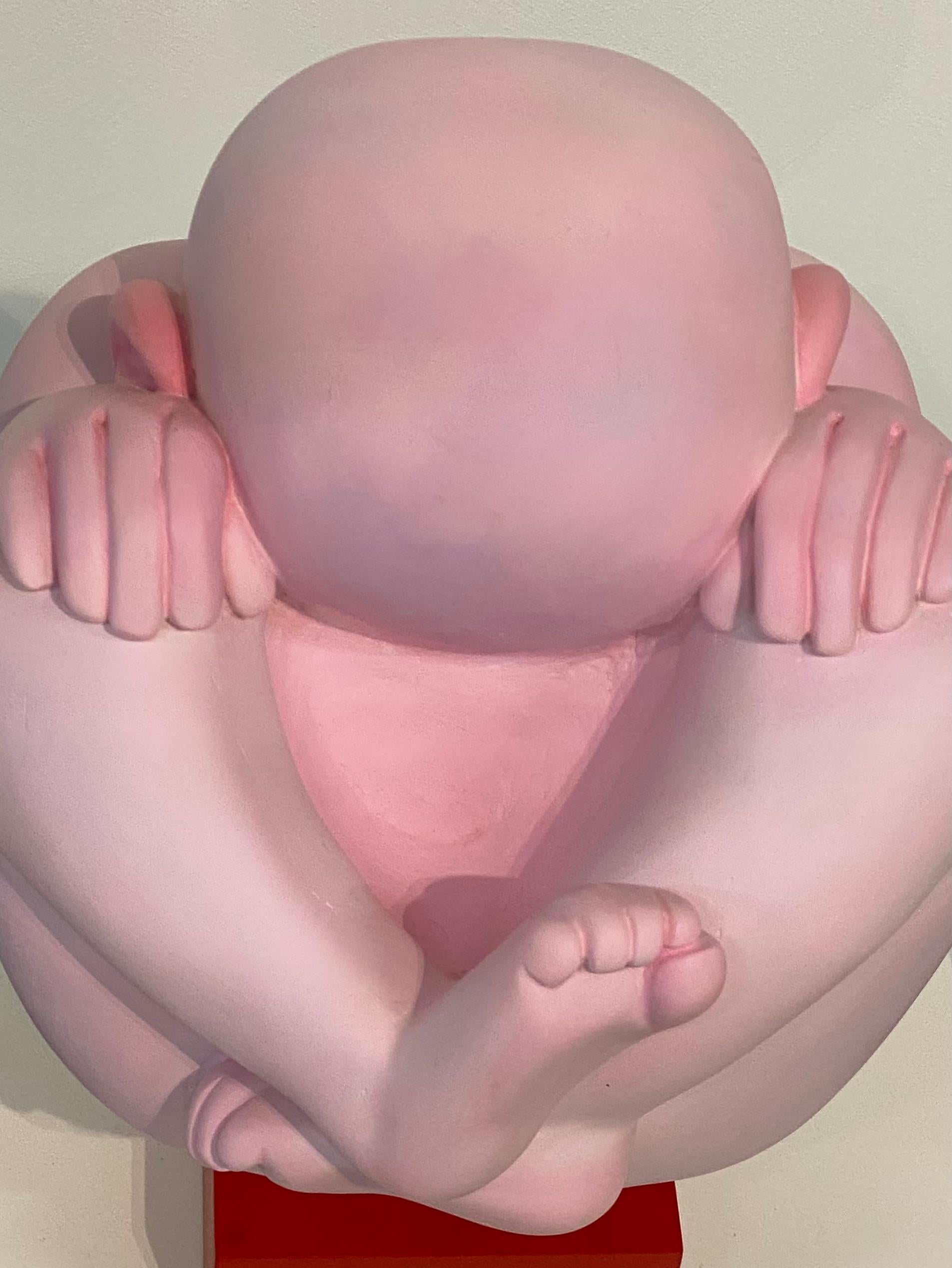 Baby- 21st Century wooden sculpture of a Newborn Baby - Brown Figurative Sculpture by Jos de Wit
