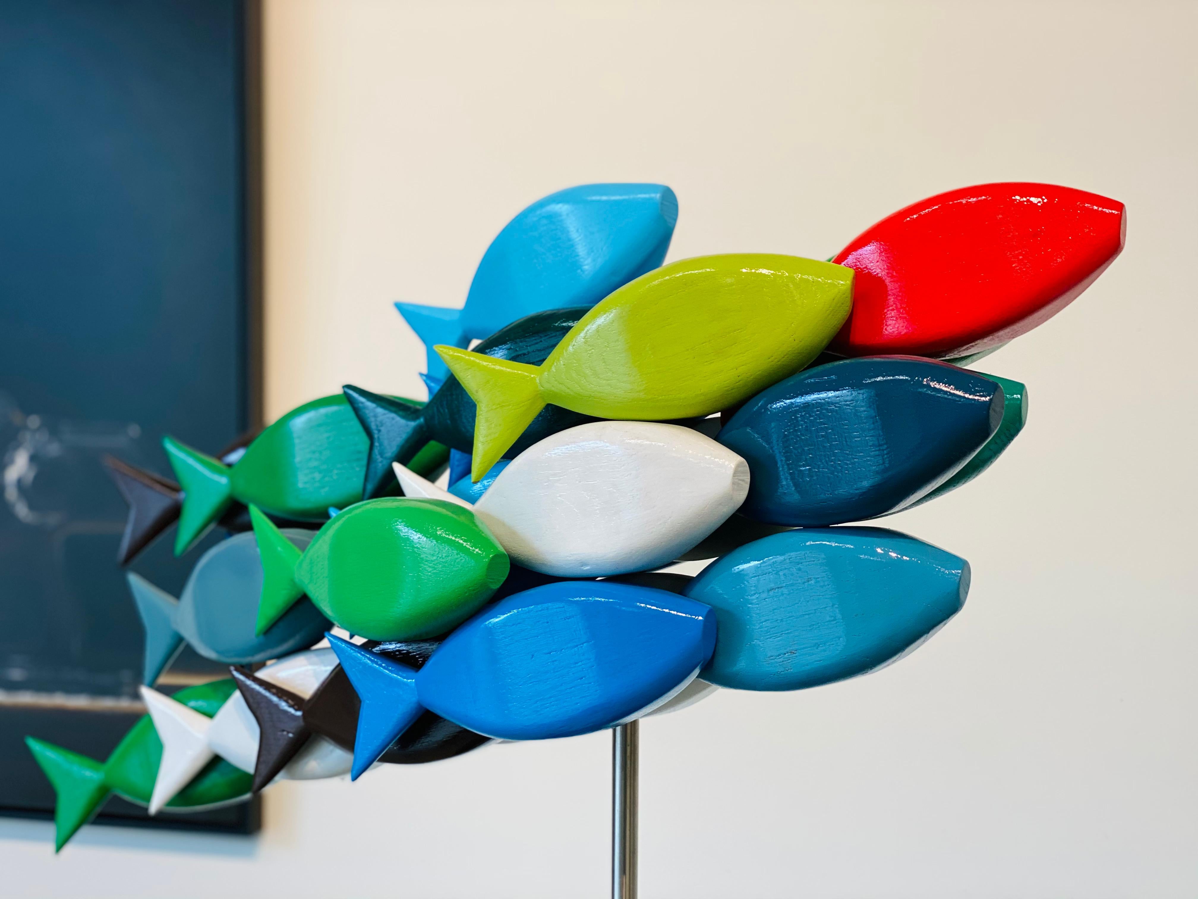 School of Fish- 21st Century Contemporary Wooden Colorful Sculpture of Fish 6