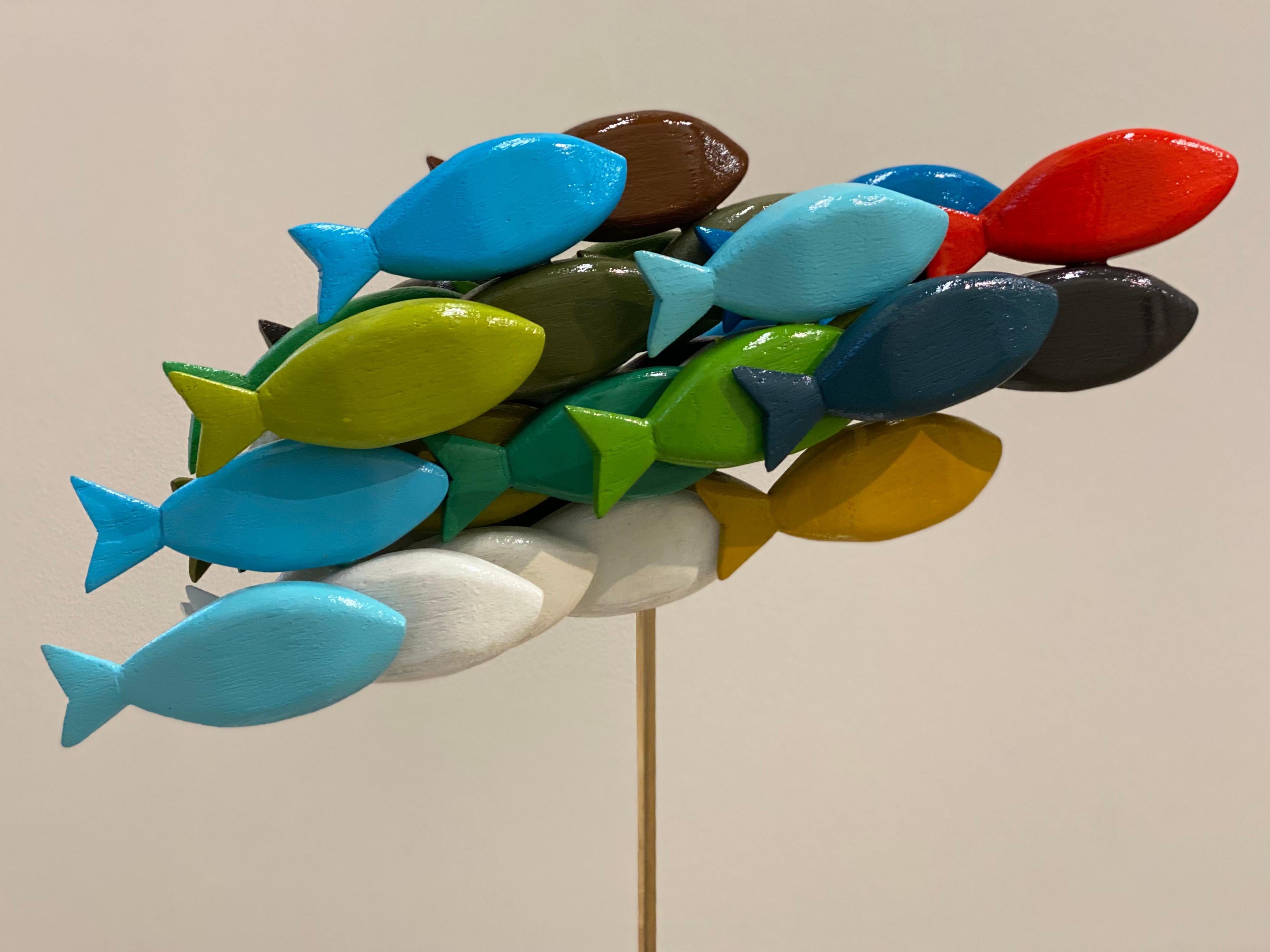 School of Fish- 21st Century Contemporary Wooden Colorful Sculpture of Fish - Brown Figurative Sculpture by Jos de Wit