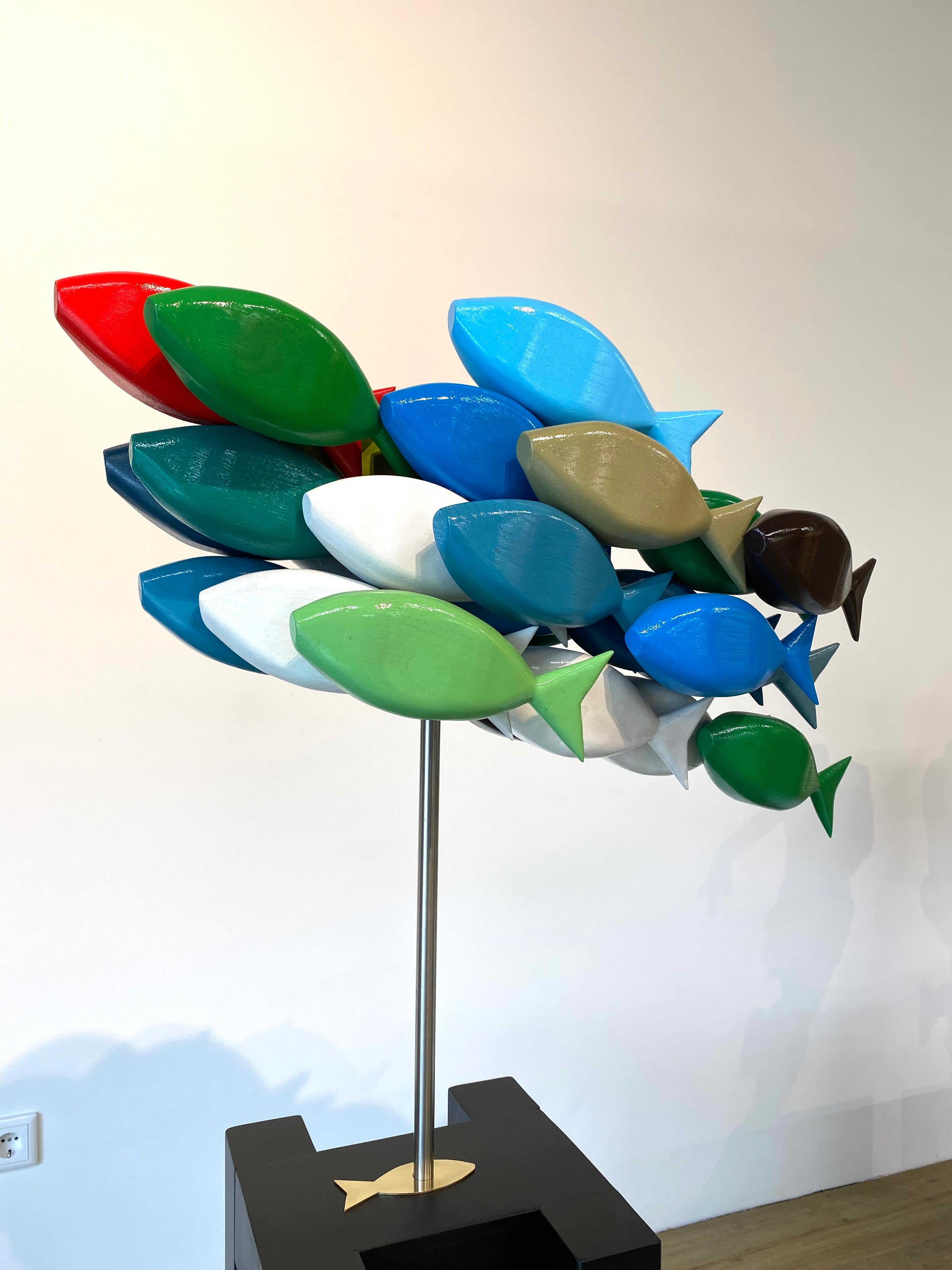 School of Fish- 21st Century Contemporary Wooden Colorful Sculpture of Fish - Brown Abstract Sculpture by Jos de Wit