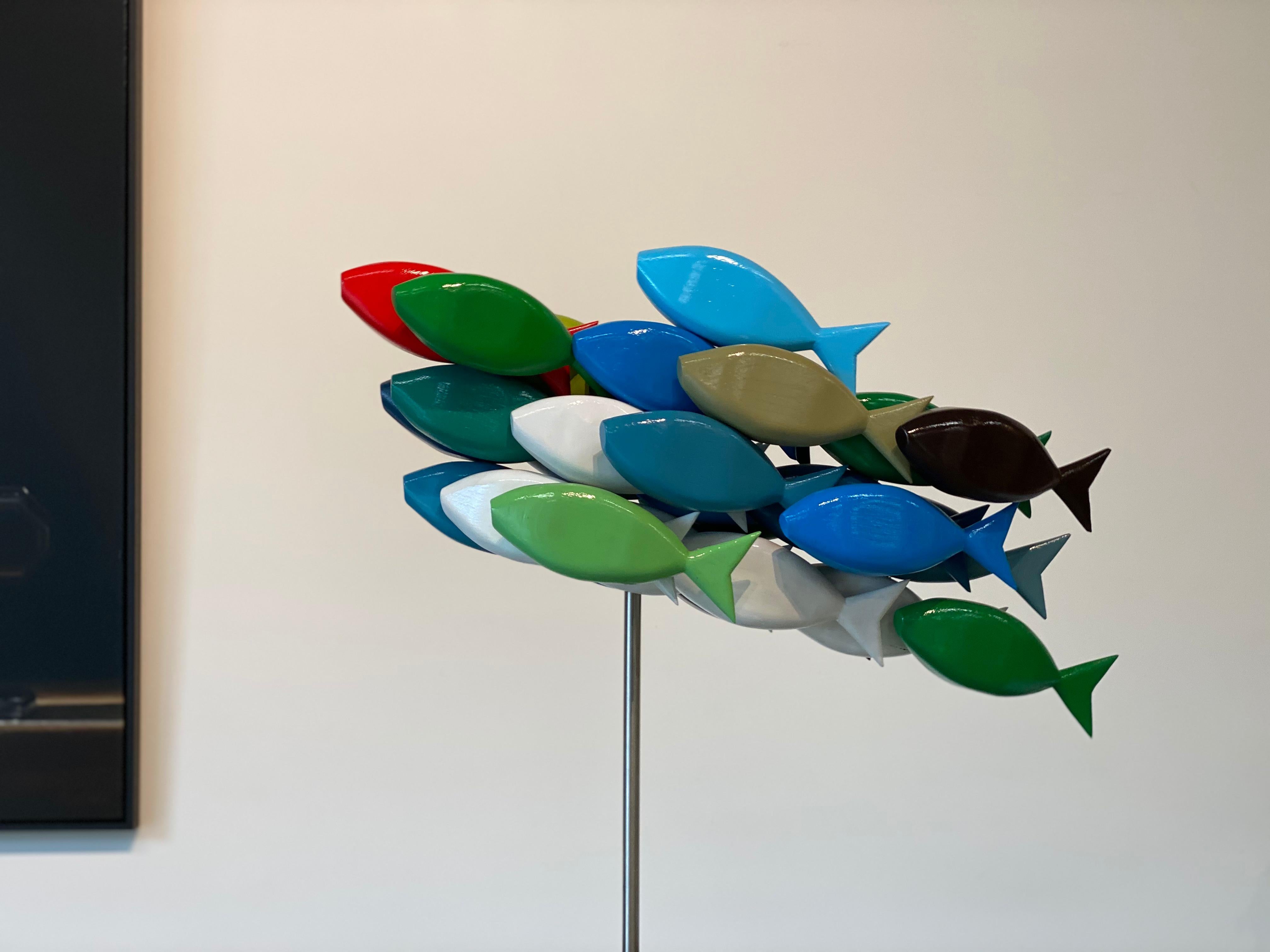 School of Fish- 21st Century Contemporary Wooden Colorful Sculpture of Fish 2