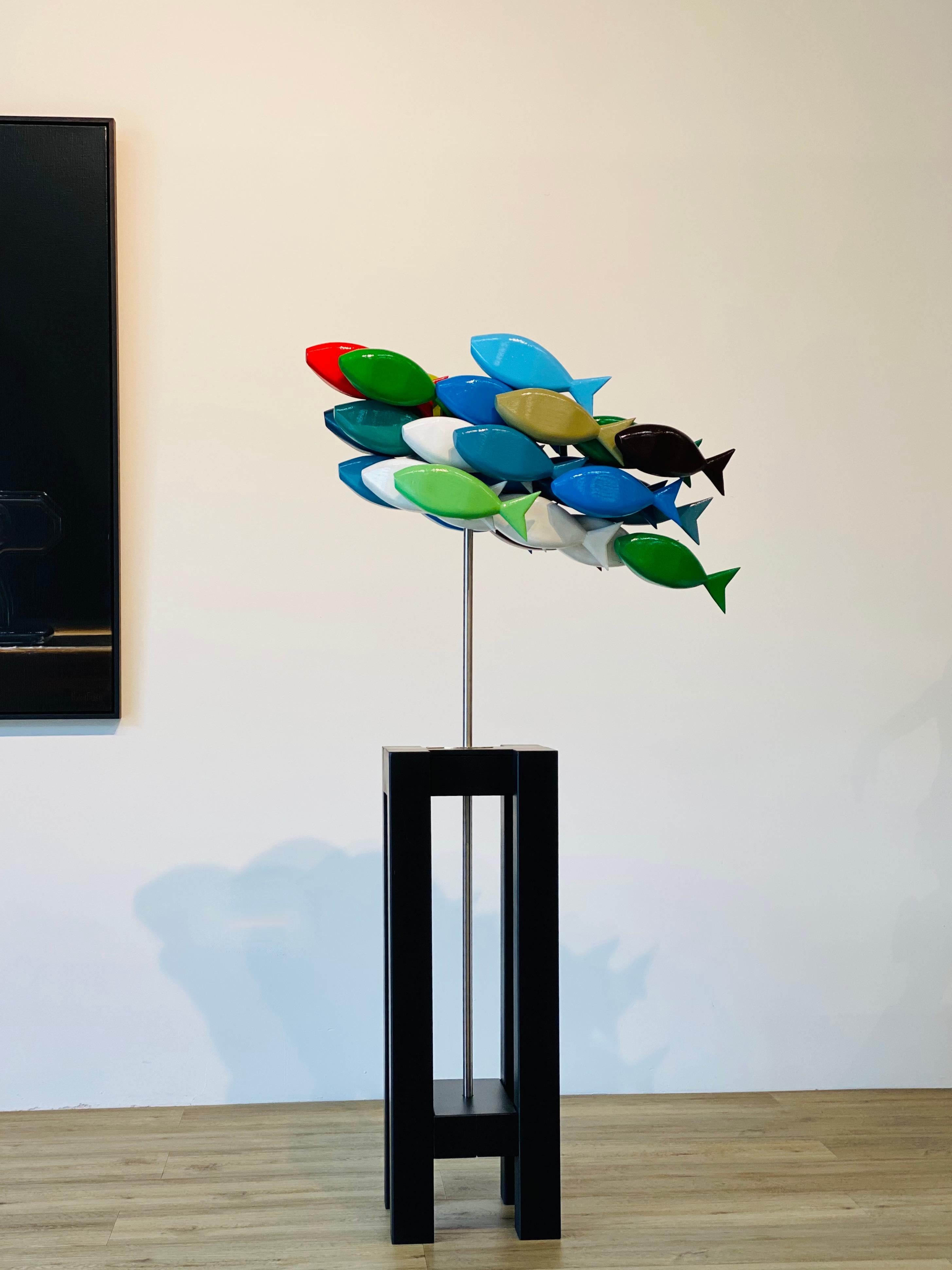 Jos de Wit Abstract Sculpture - School of Fish- 21st Century Contemporary Wooden Colorful Sculpture of Fish