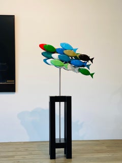 School of Fish- 21st Century Contemporary Wooden Colorful Sculpture of Fish