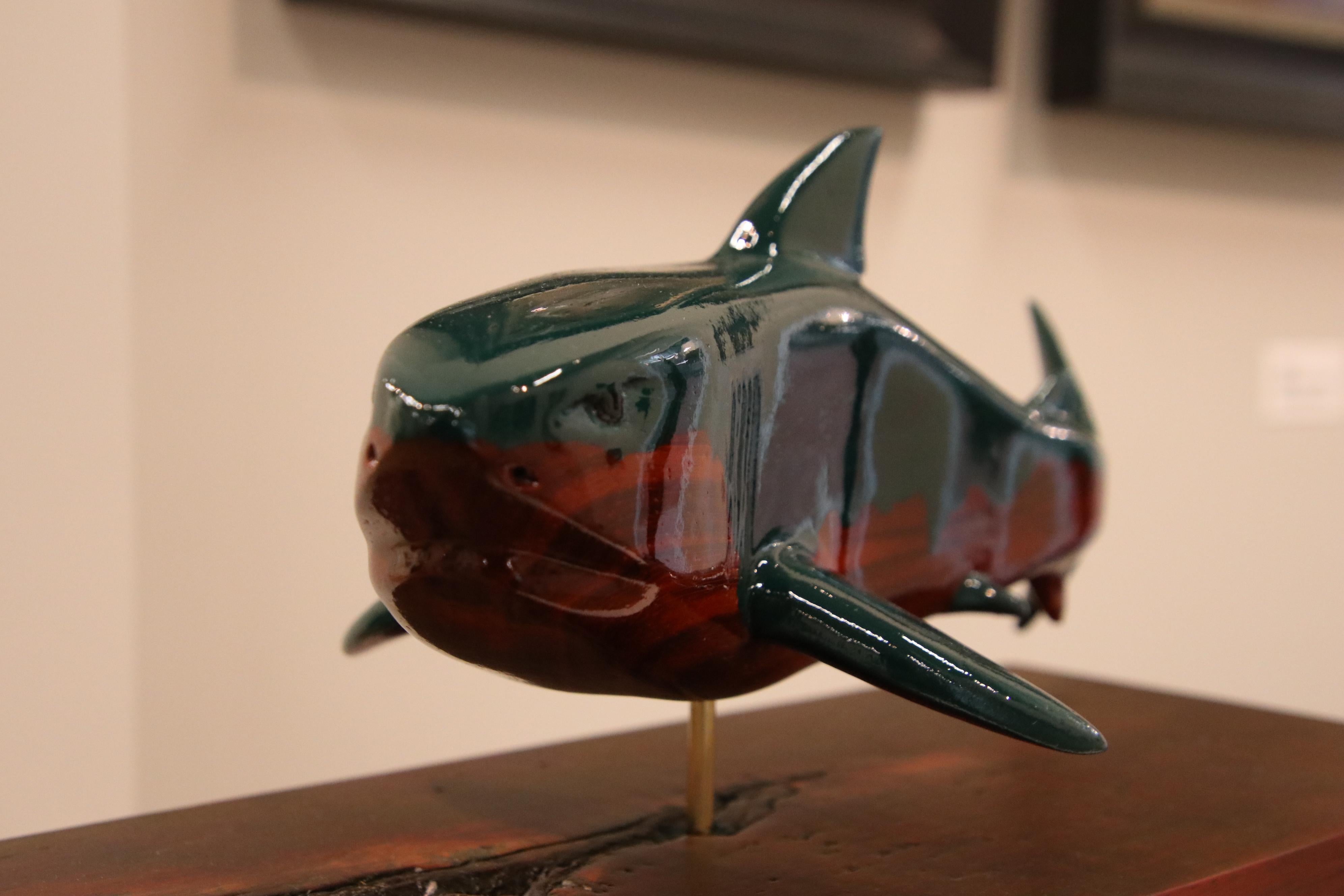 Jos de Wit Abstract Sculpture - Shark- 21st Century figurative wooden animal sculpture of a big shark
