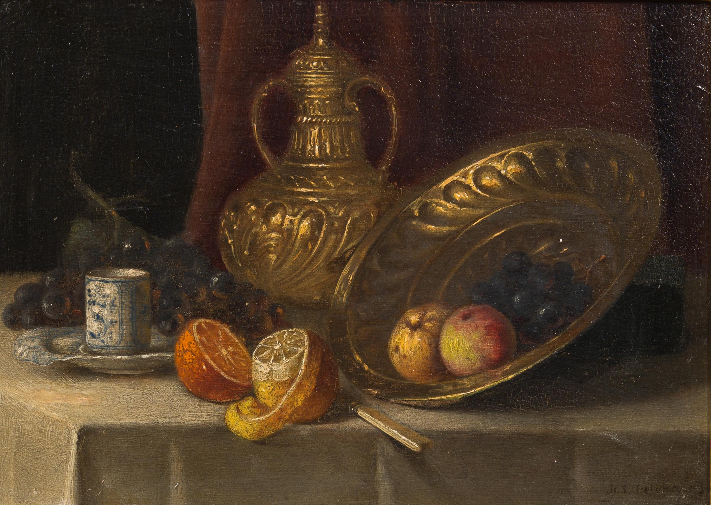 Still Life with Fruit and Vessels - Realist Painting by Jos Delehaye