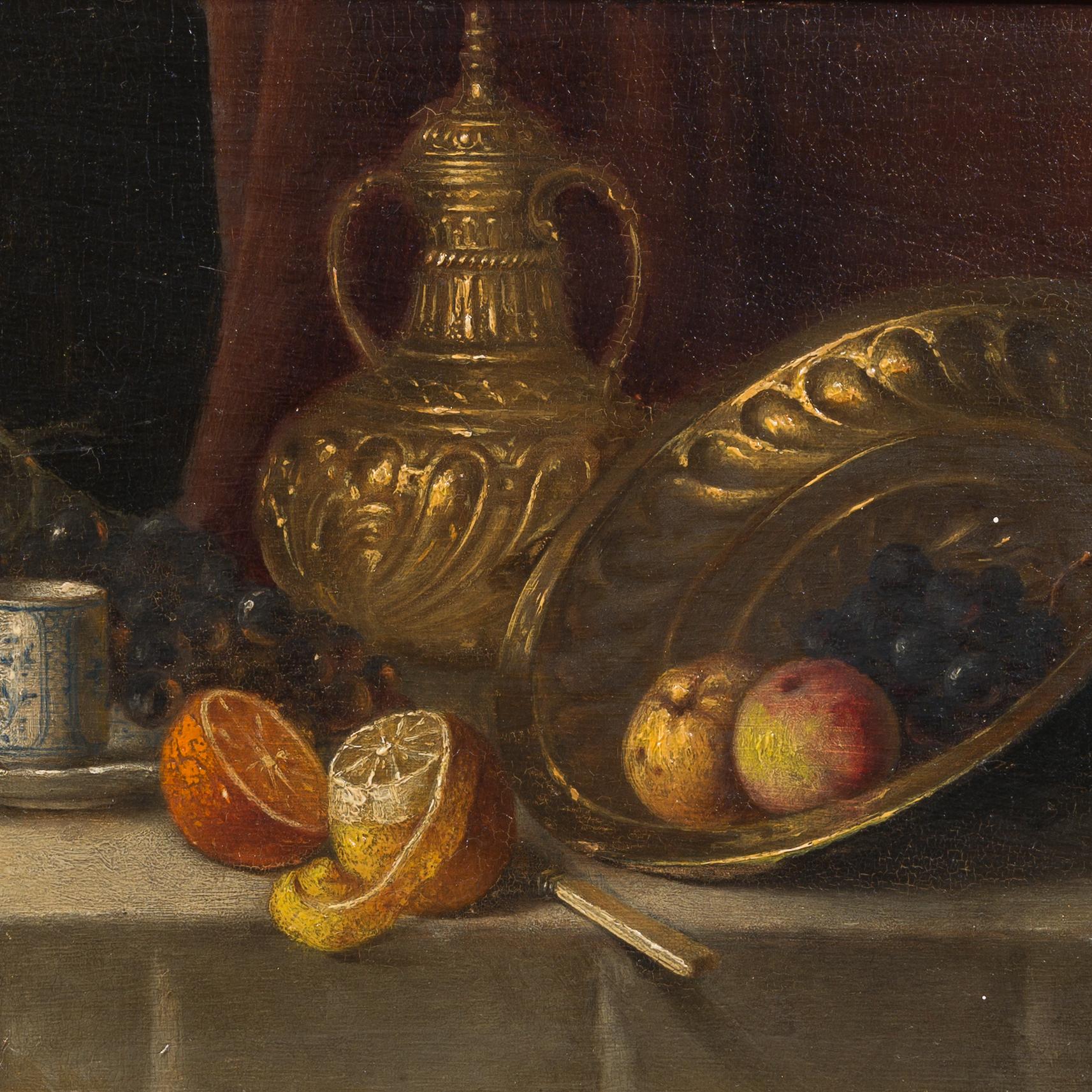 Still Life with Fruit and Vessels - Brown Interior Painting by Jos Delehaye