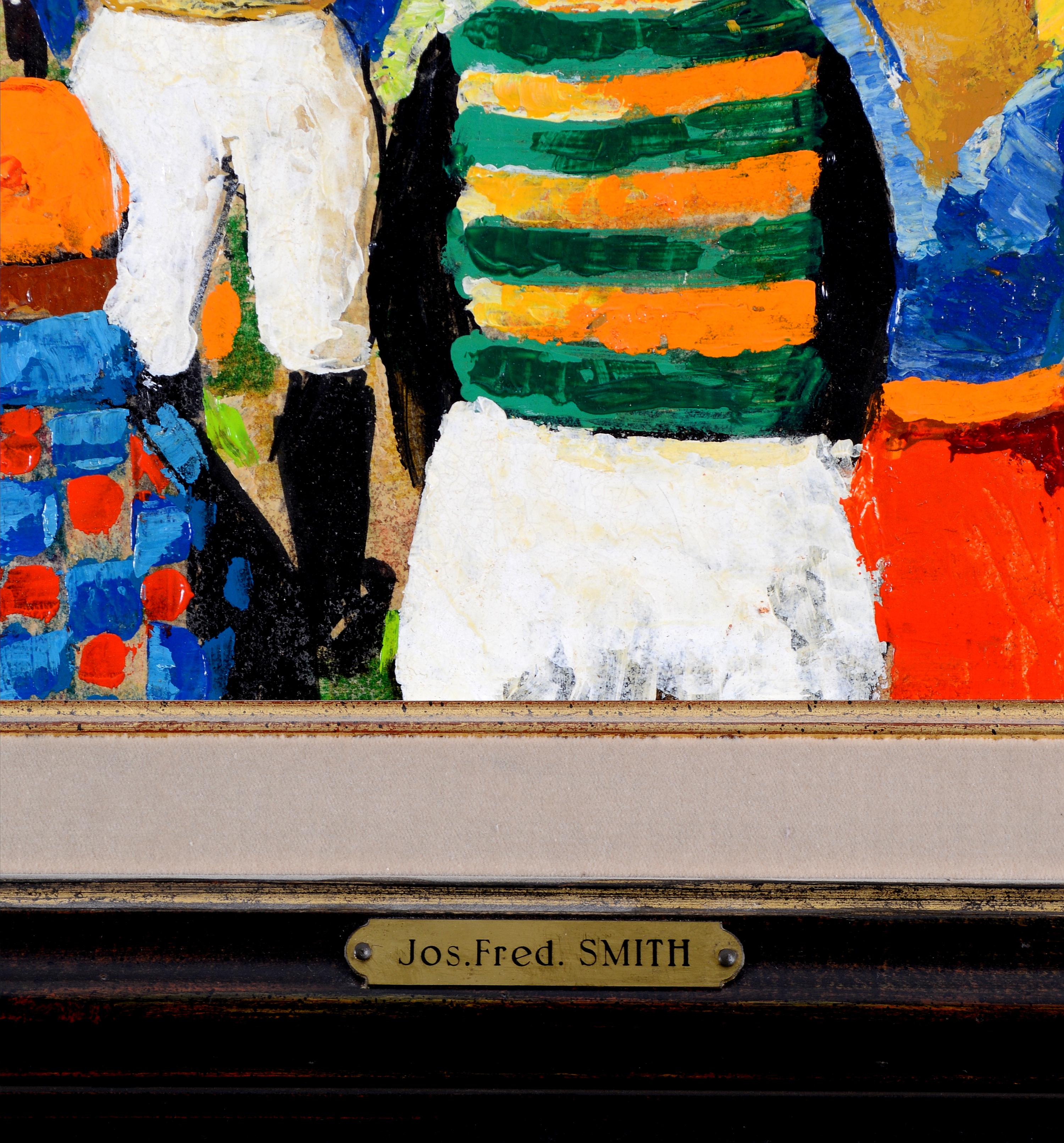 Jockeys bei den Rennen - Belgisches Pferderennen Ölgemälde aus der Mitte des 20. – Painting von Jos Fred Smith