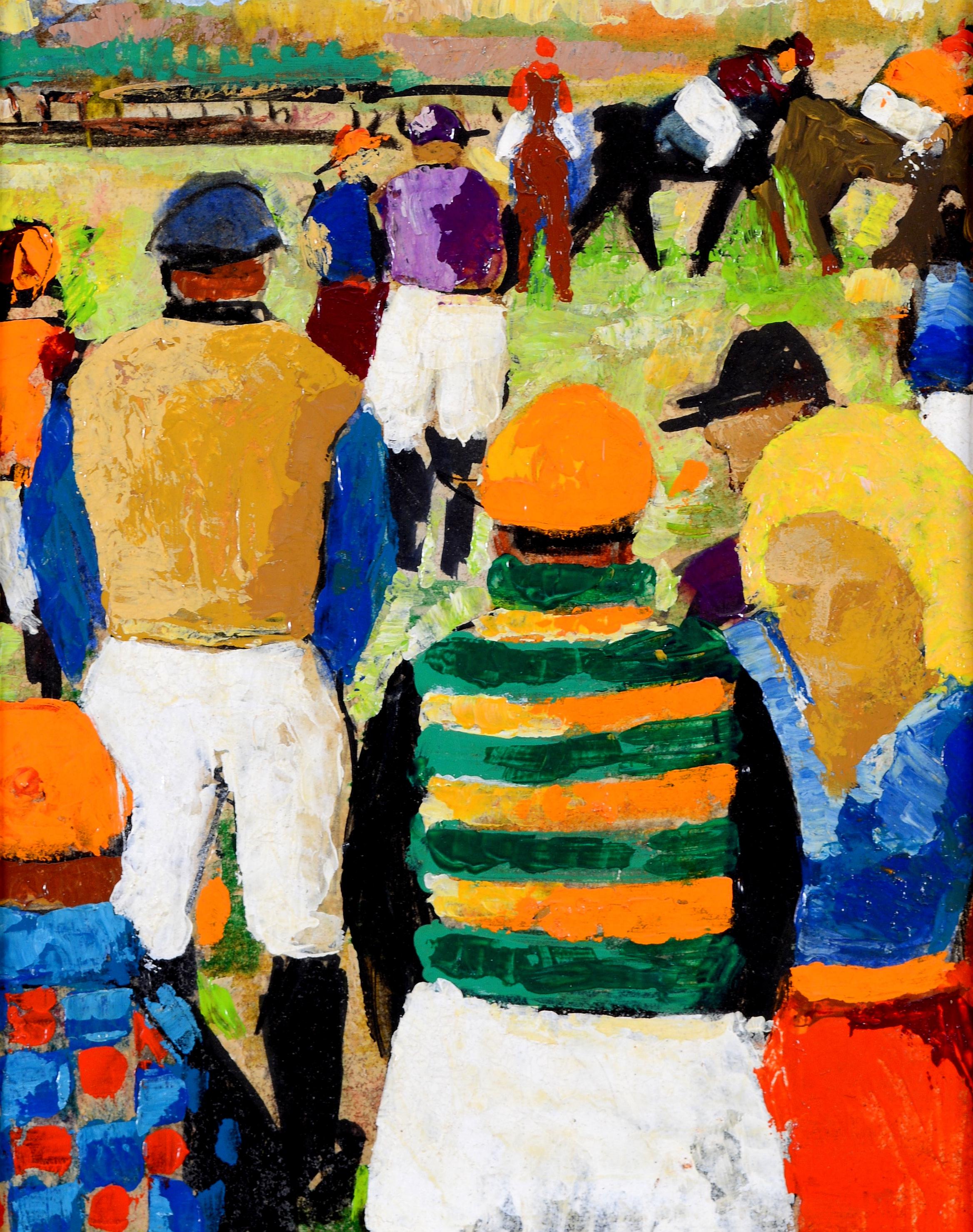 Jockeys bei den Rennen - Belgisches Pferderennen Ölgemälde aus der Mitte des 20. (Beige), Figurative Painting, von Jos Fred Smith