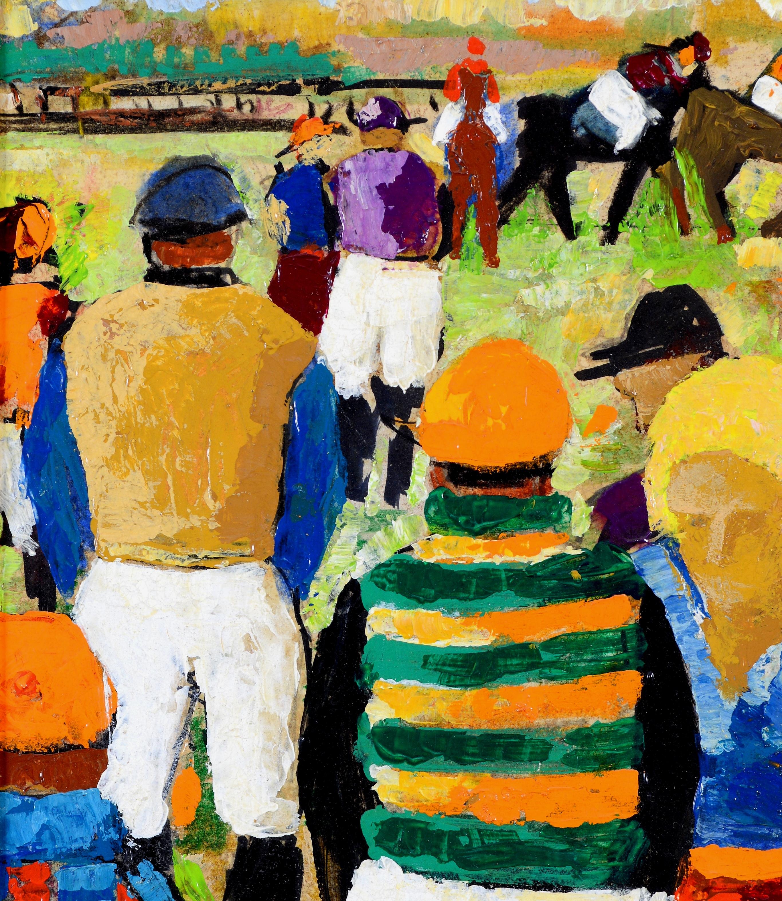 Ein schönes Ölgemälde des belgischen Malers Jos Fred Smith, das Jockeys bei den Rennen zeigt.

Hervorragende Qualität und auffällige modernistische Werke dieses beliebten Künstlers. Präsentiert in einem edlen ebonisierten Rahmen mit